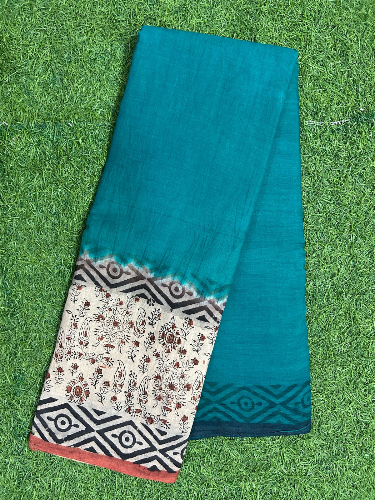 Tie & Dye Kalamkari Cotton handprinted Gap border Saree KCS-HPGB-M022