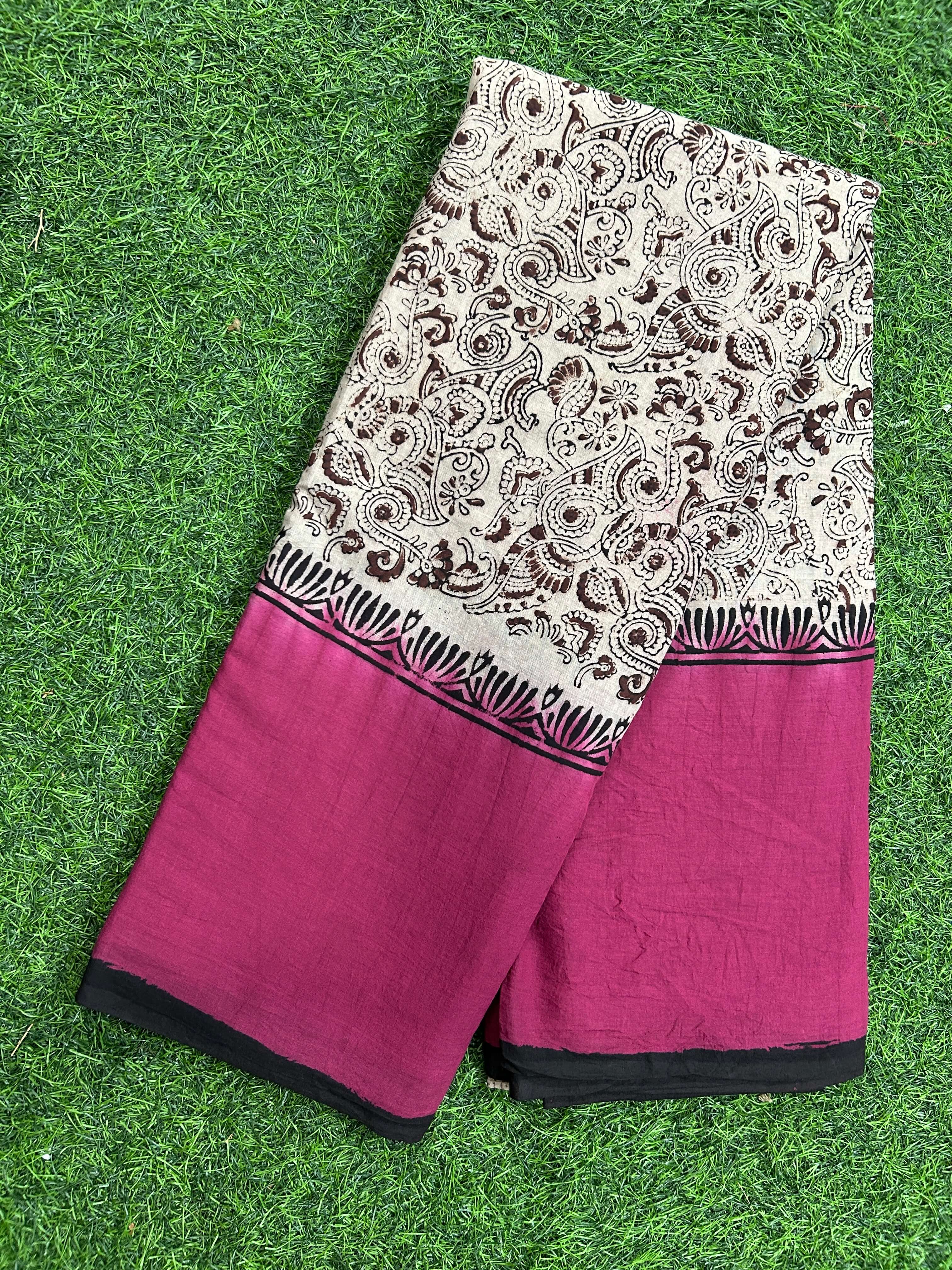 Kalamkari Cotton Hand Printed Gap Border Saree-KCS-HPGB-M070