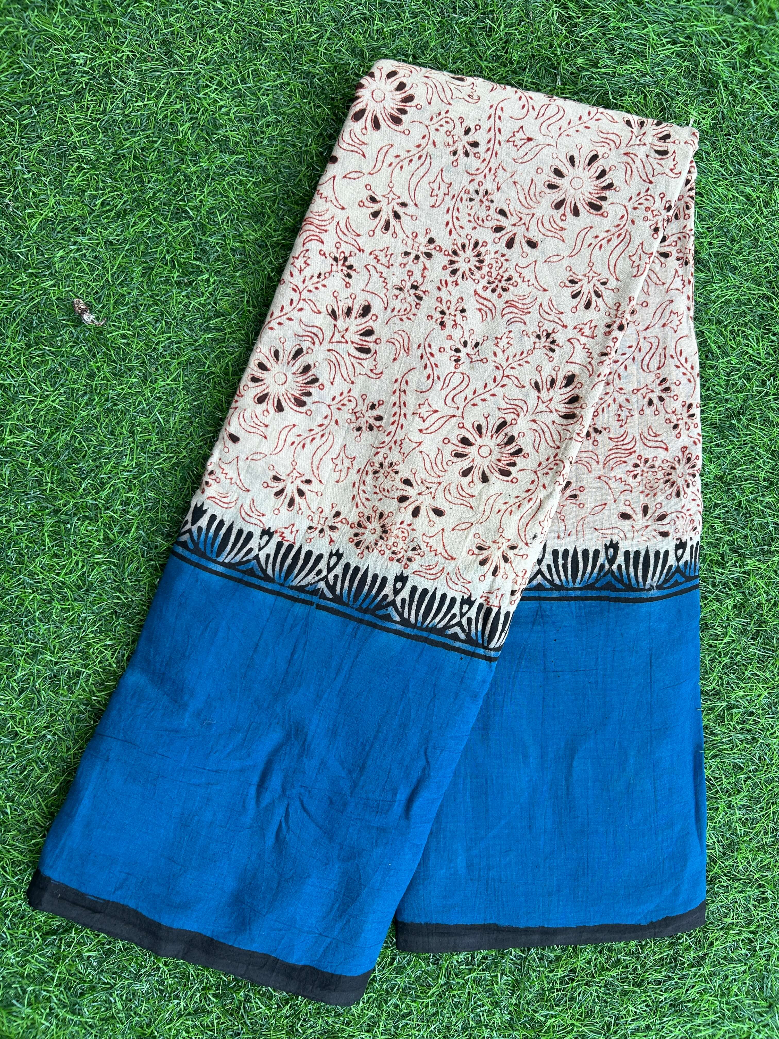 Kalamkari Cotton Hand Printed Gap Border Saree-KCS-HPGB-M068