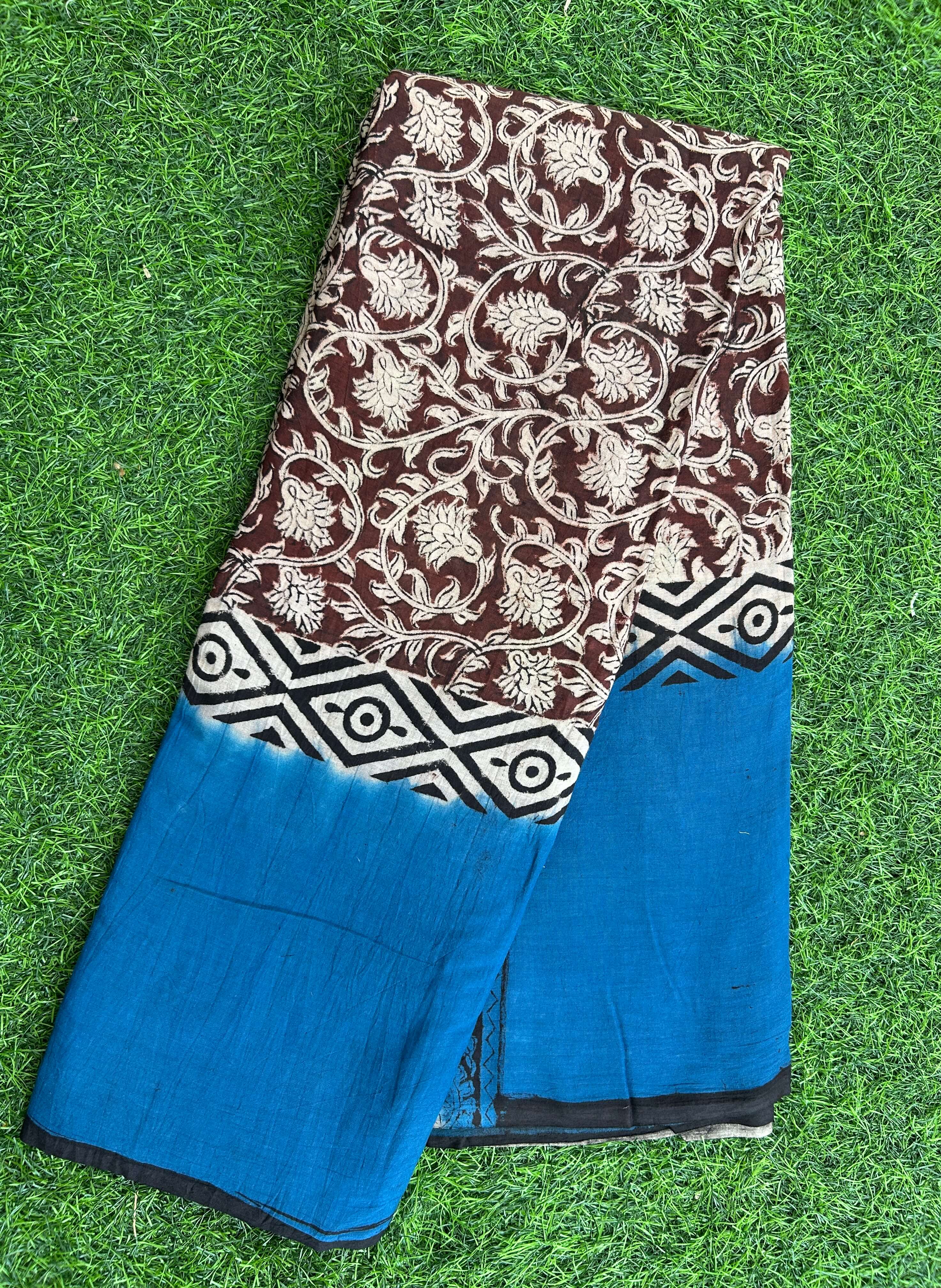 Kalamkari Cotton Hand Printed Gap Border Saree-KCS-HPGB-M065