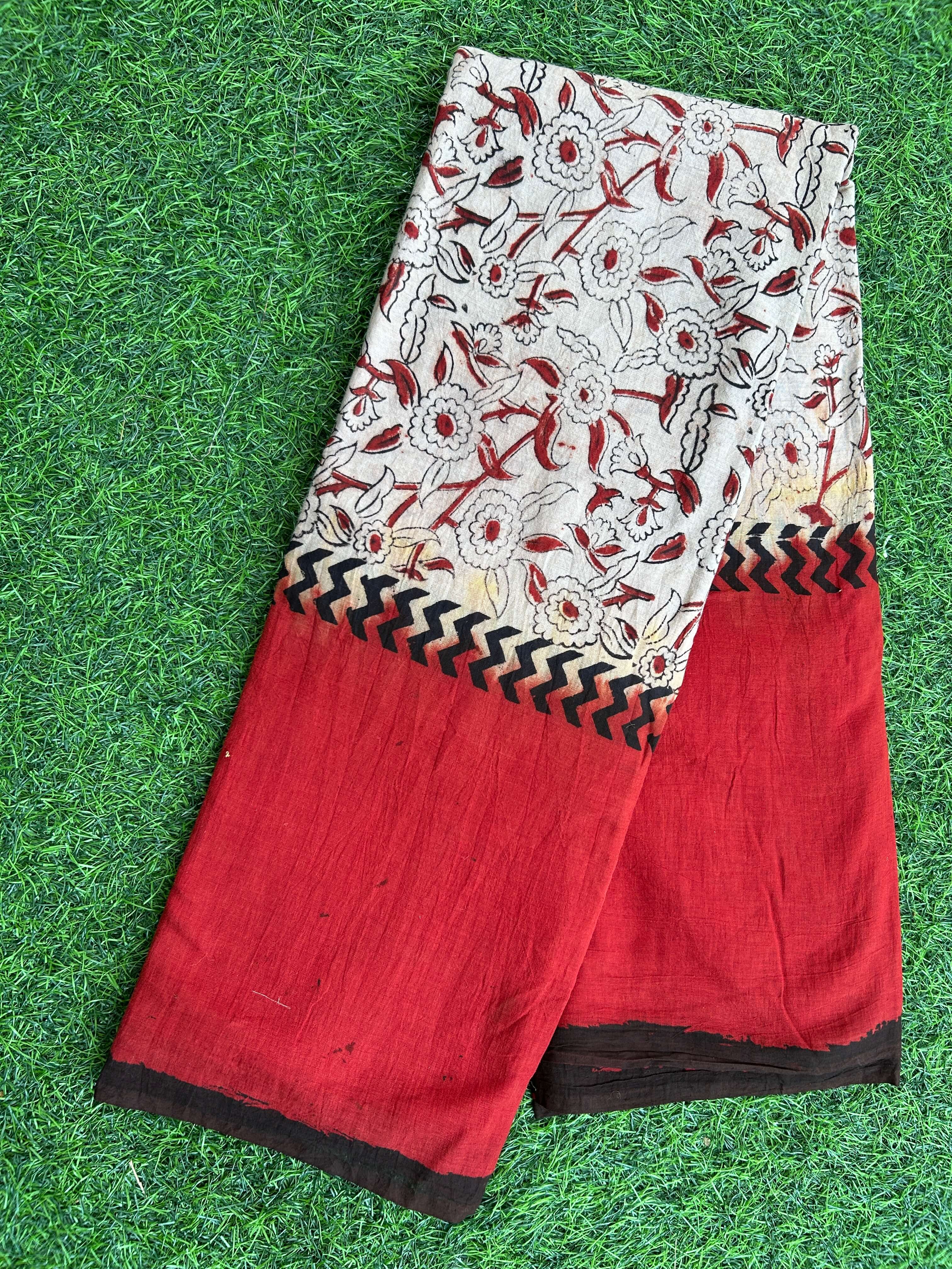 Kalamkari Cotton Hand Printed Gap Border Saree-KCS-HPGB-M061