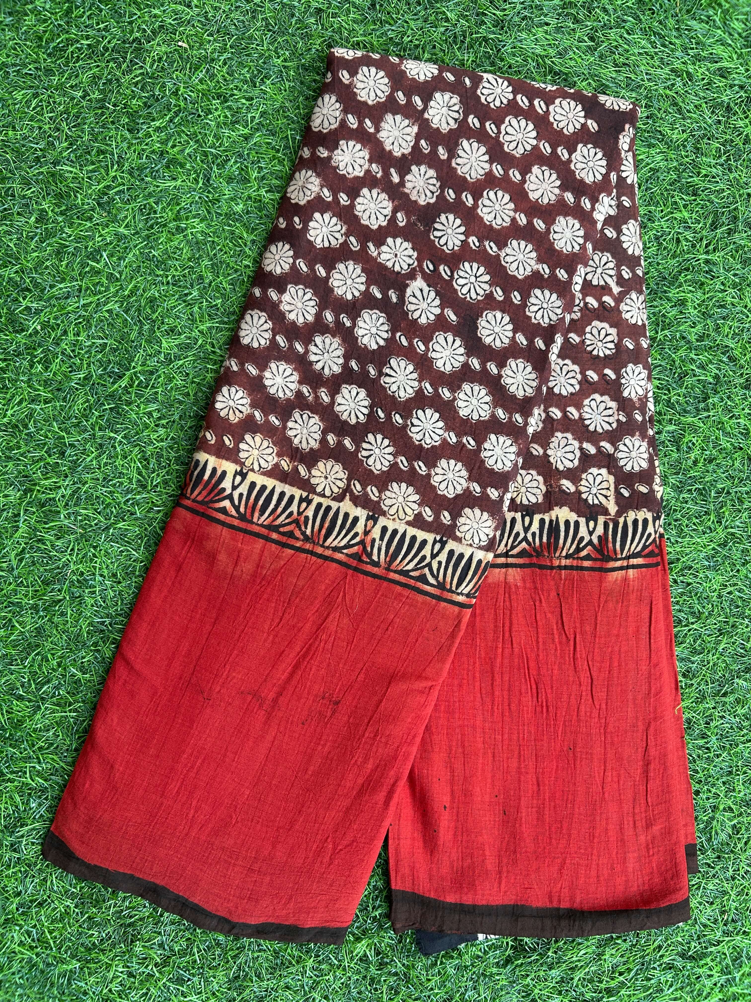 Kalamkari Cotton Hand Printed Gap Border Saree-KCS-HPGB-M059
