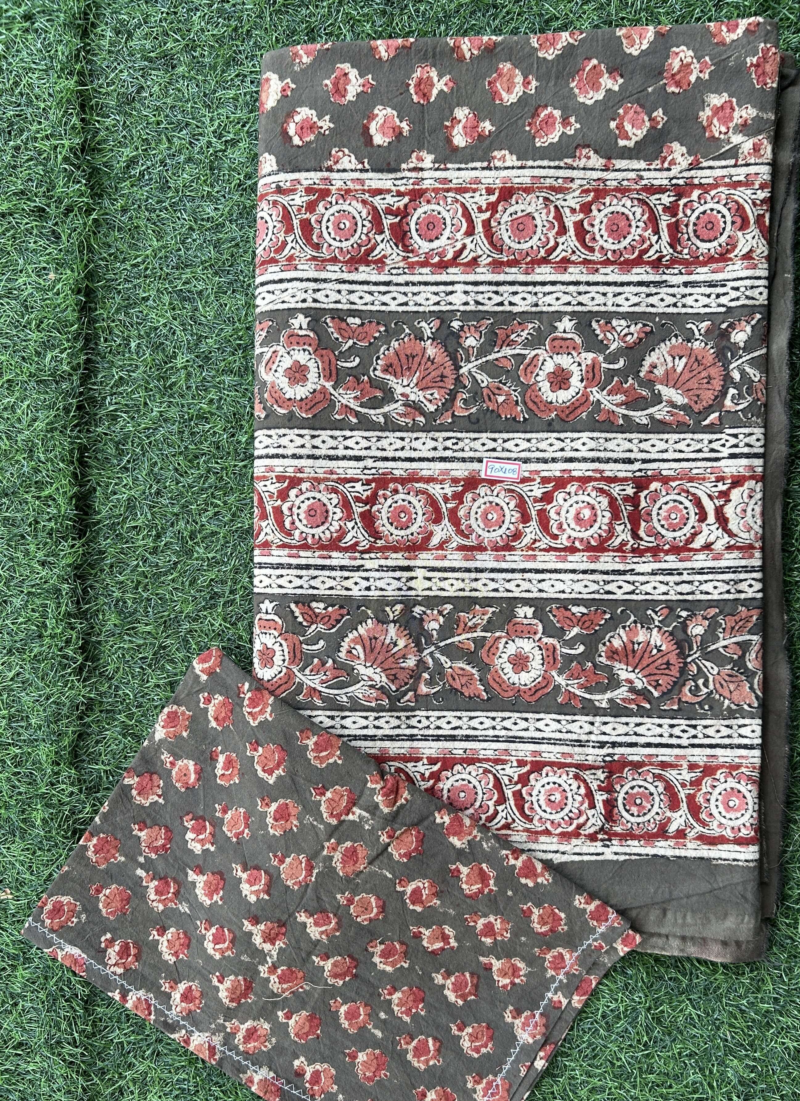 Kalamkari Block Printed Cotton Bed Cover with Pillow Covers - KBS056(90*108)