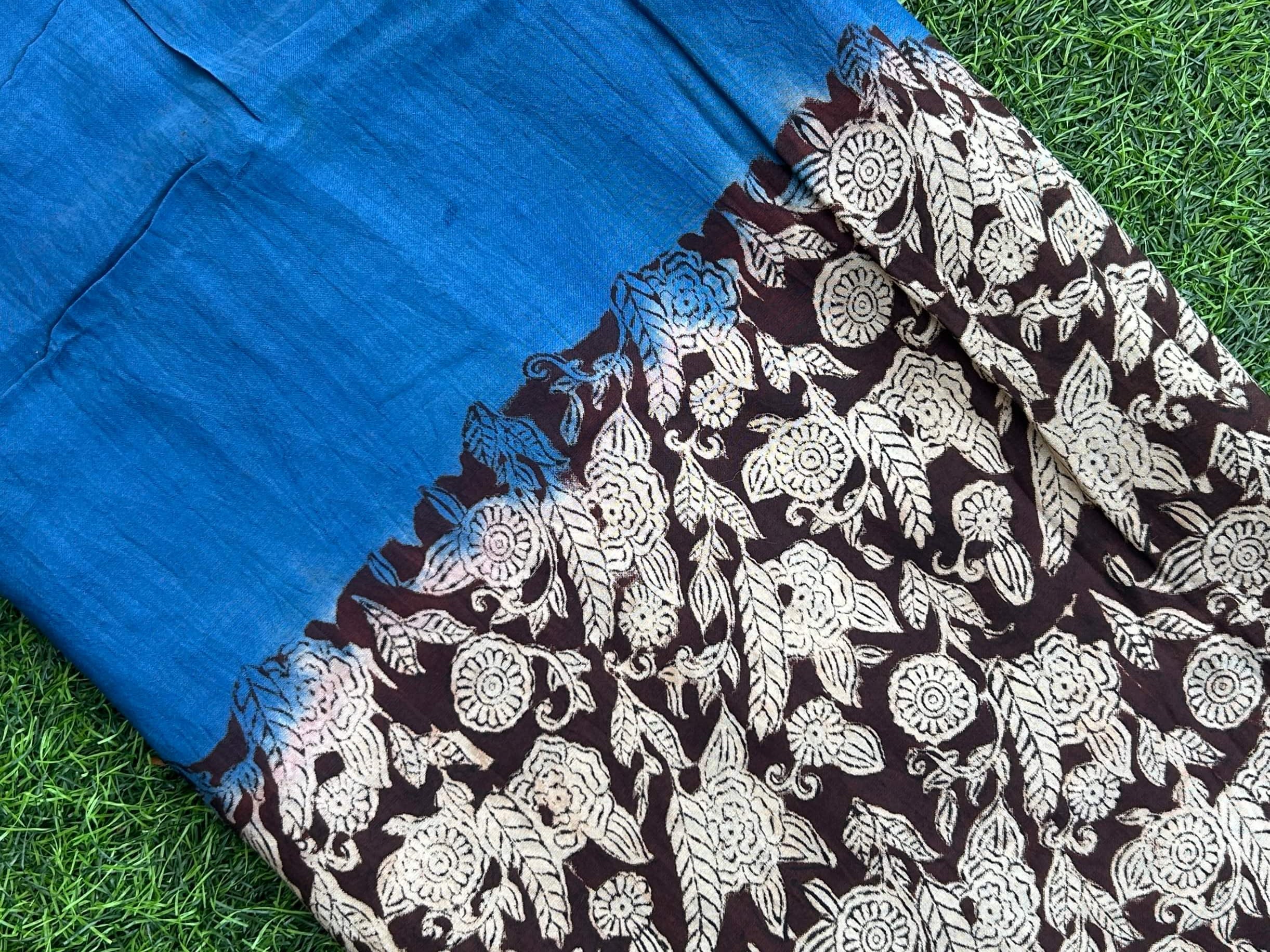 Kalamkari Block Printed Half & Half Chennuri Silk Fabric - HBP-M013