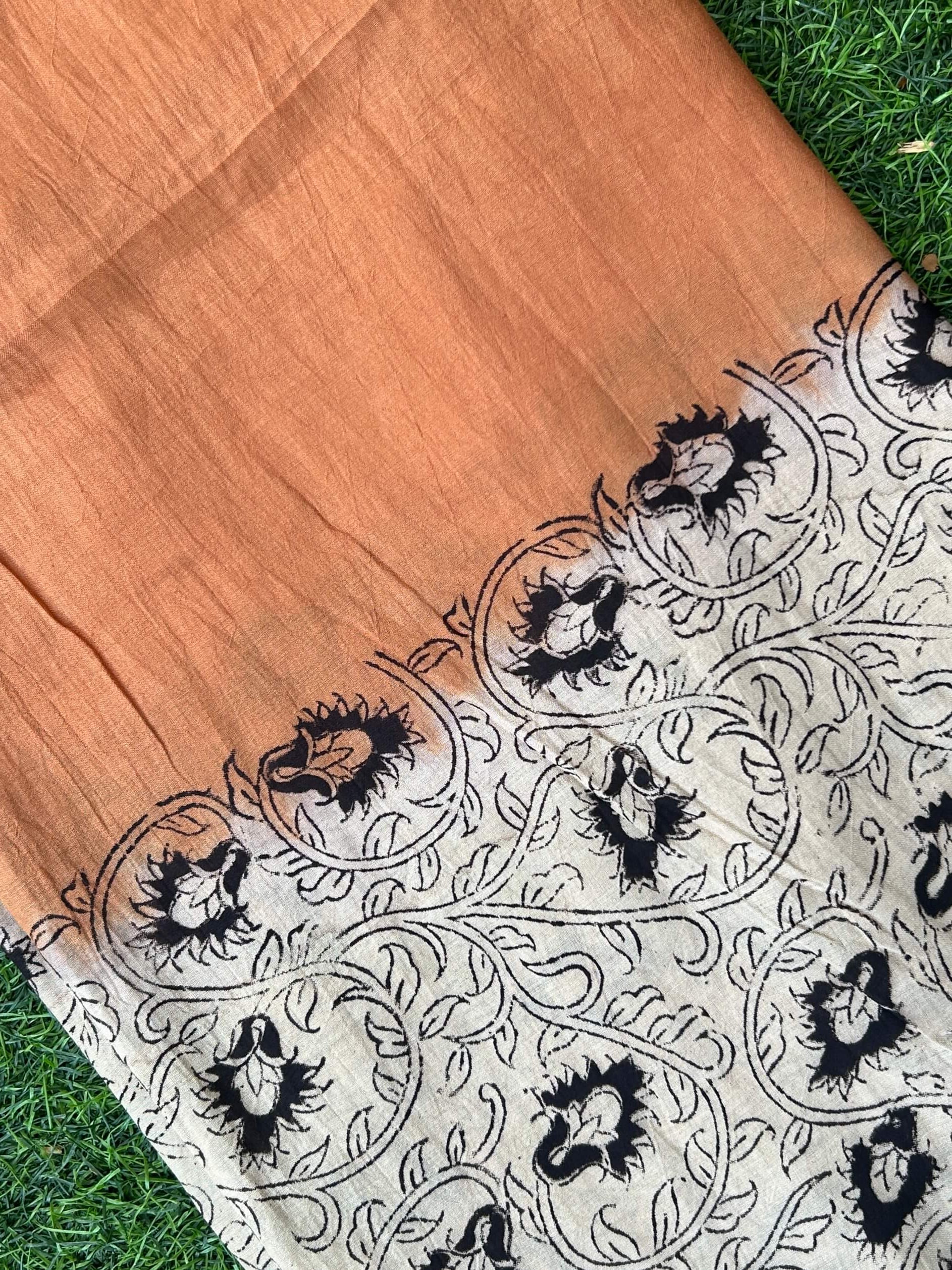 Kalamkari Block Printed Half & Half Chennuri Silk Fabric - HBP-M007