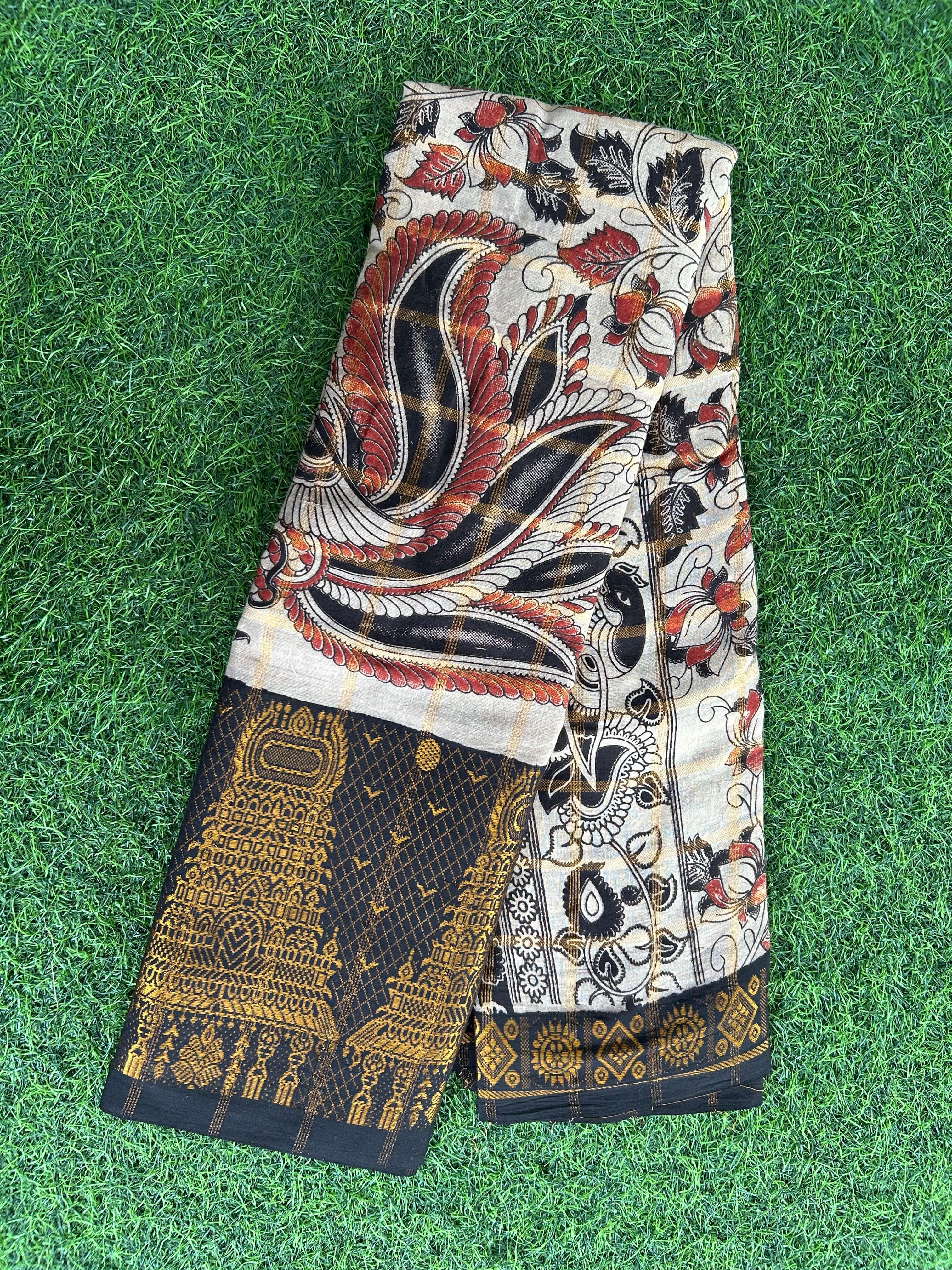 Kalamkari Cotton Zari Border Saree Without Blouse -KZB-SP-M002