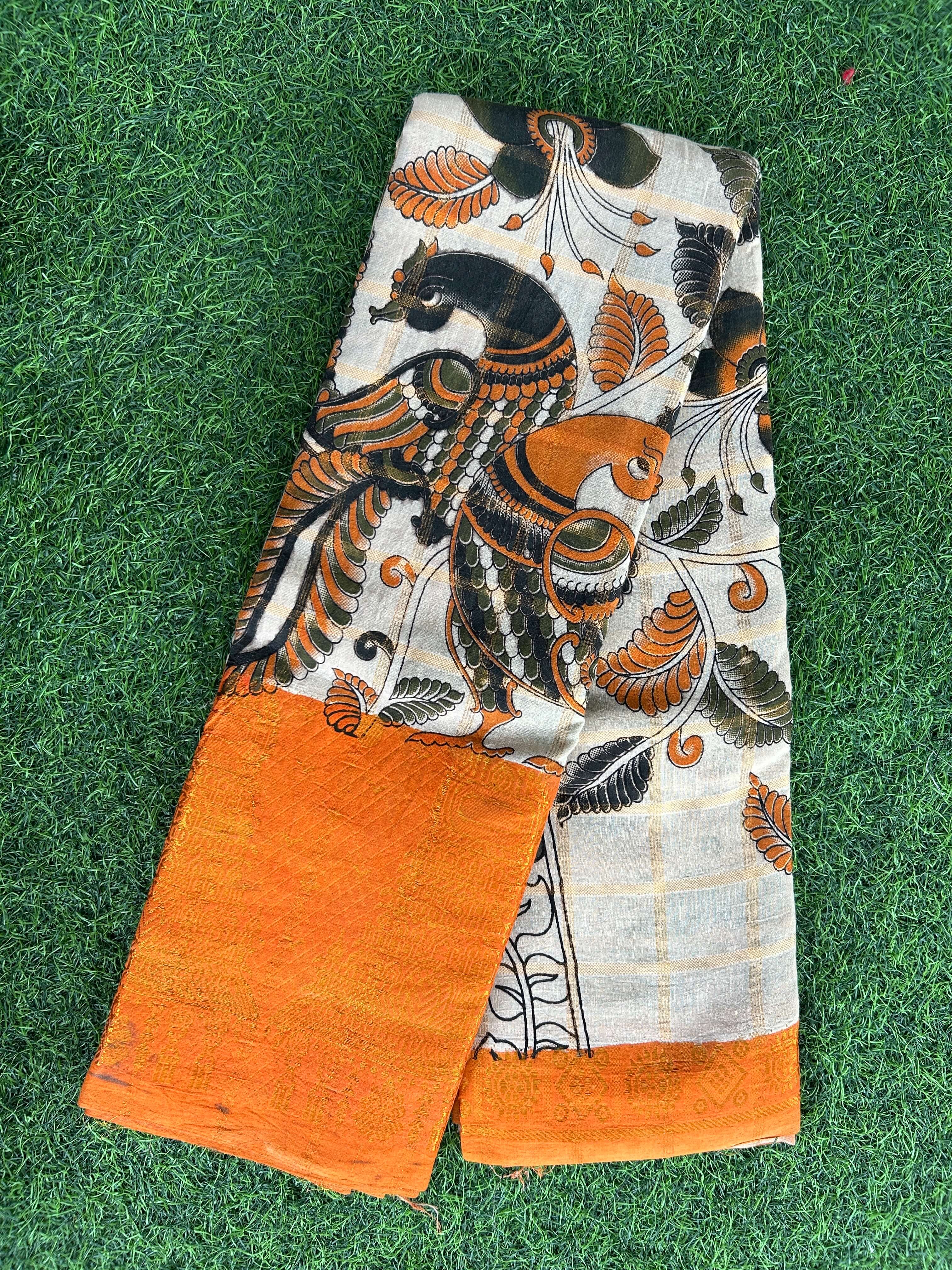 Kalamkari Cotton Zari Border Saree Without Blouse -KZB-SP-M003