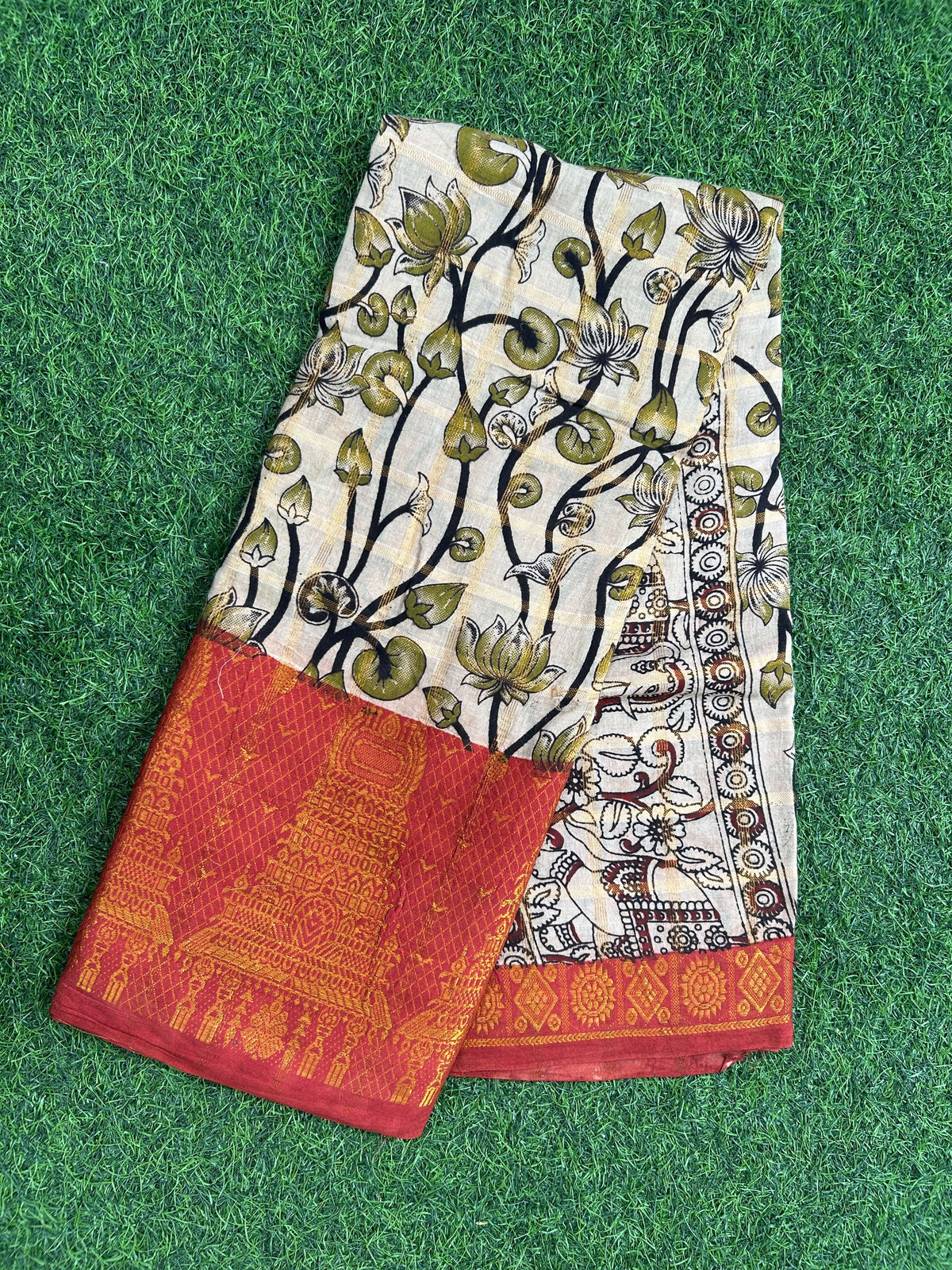 Kalamkari Cotton Zari Border Saree Without Blouse -KZB-SP-M005