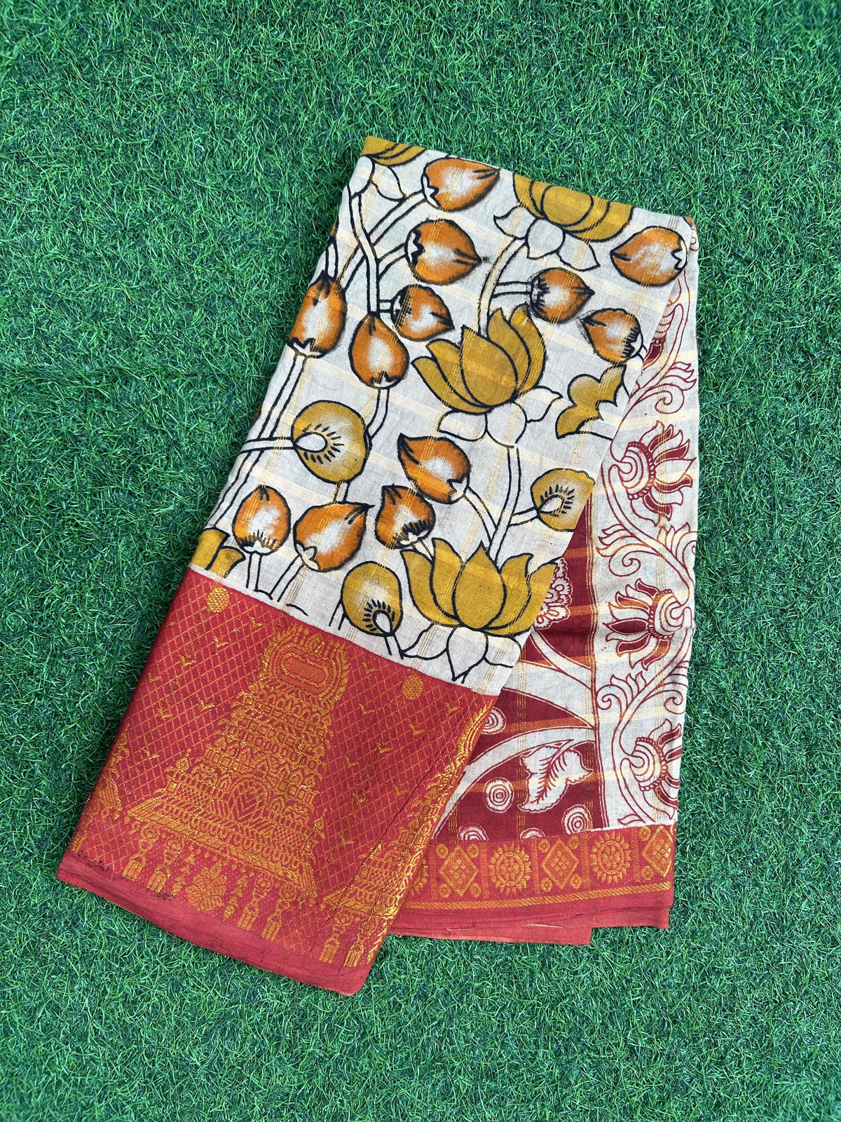 Kalamkari Cotton Zari Border Saree Without Blouse -KZB-SP-M006