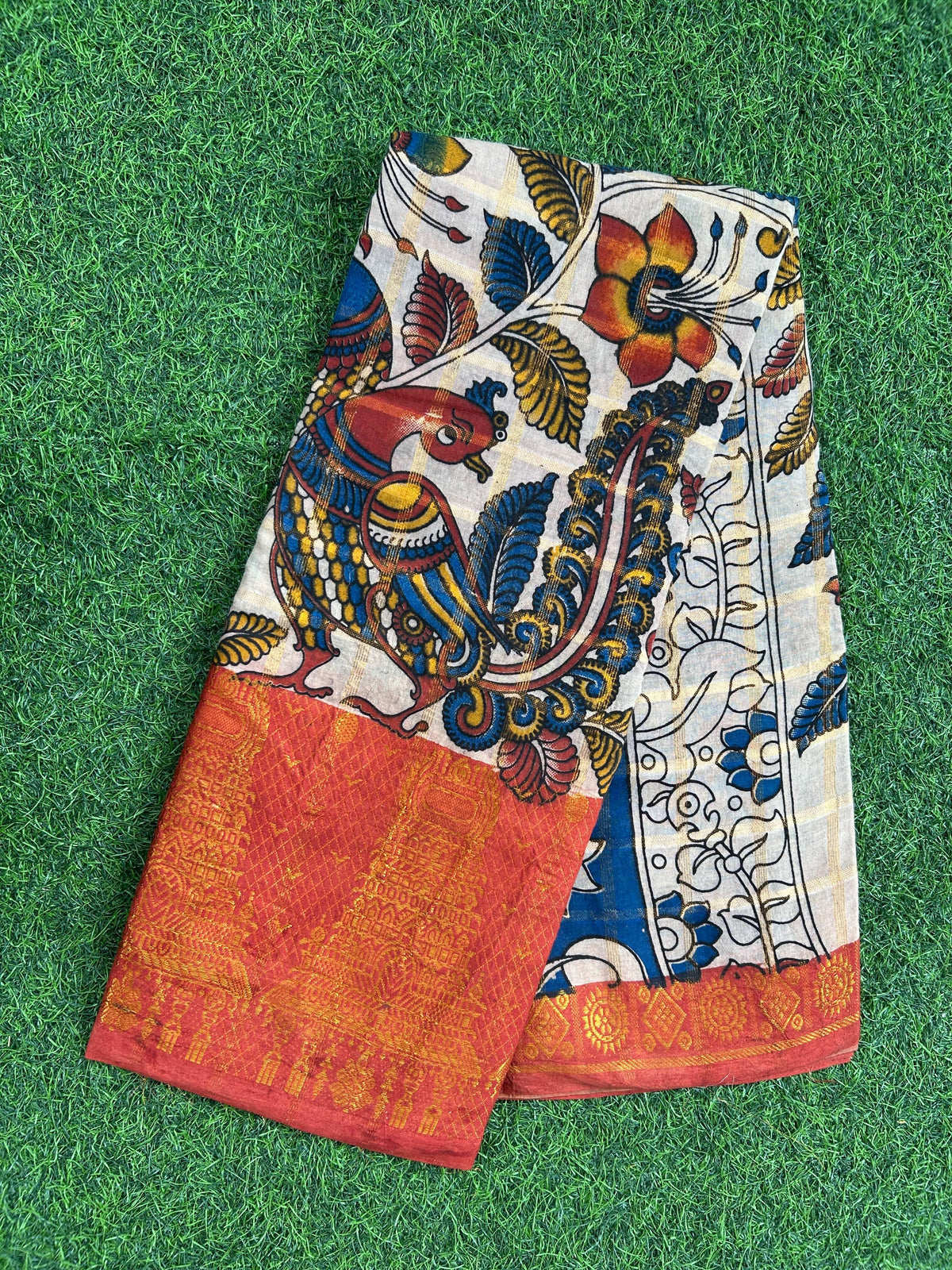 Kalamkari Cotton Zari Border Saree Without Blouse -KZB-SP-M004
