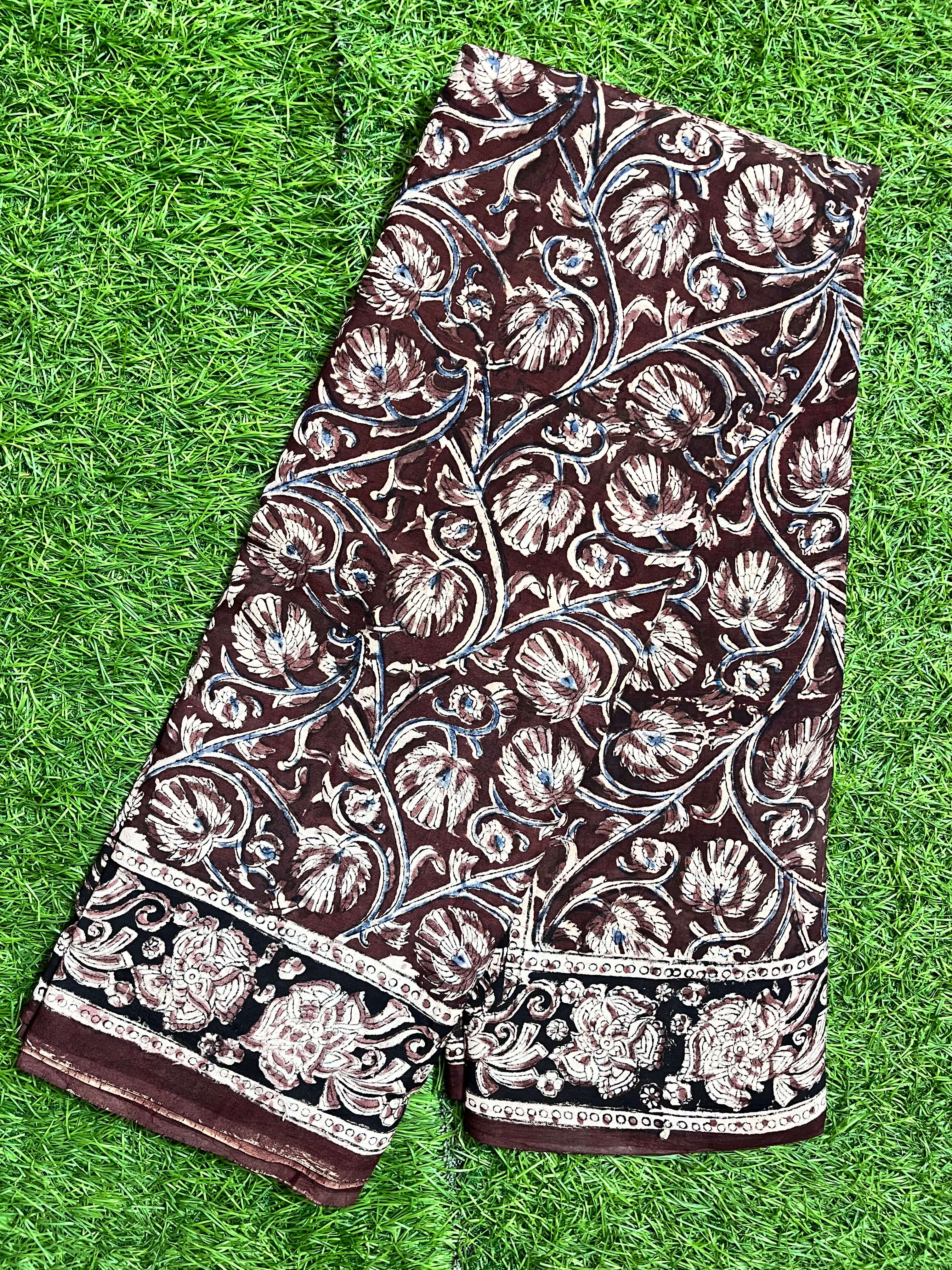 Hand Block Printed Kalamkari Chenuri Silk Saree KCSS-HB-M032