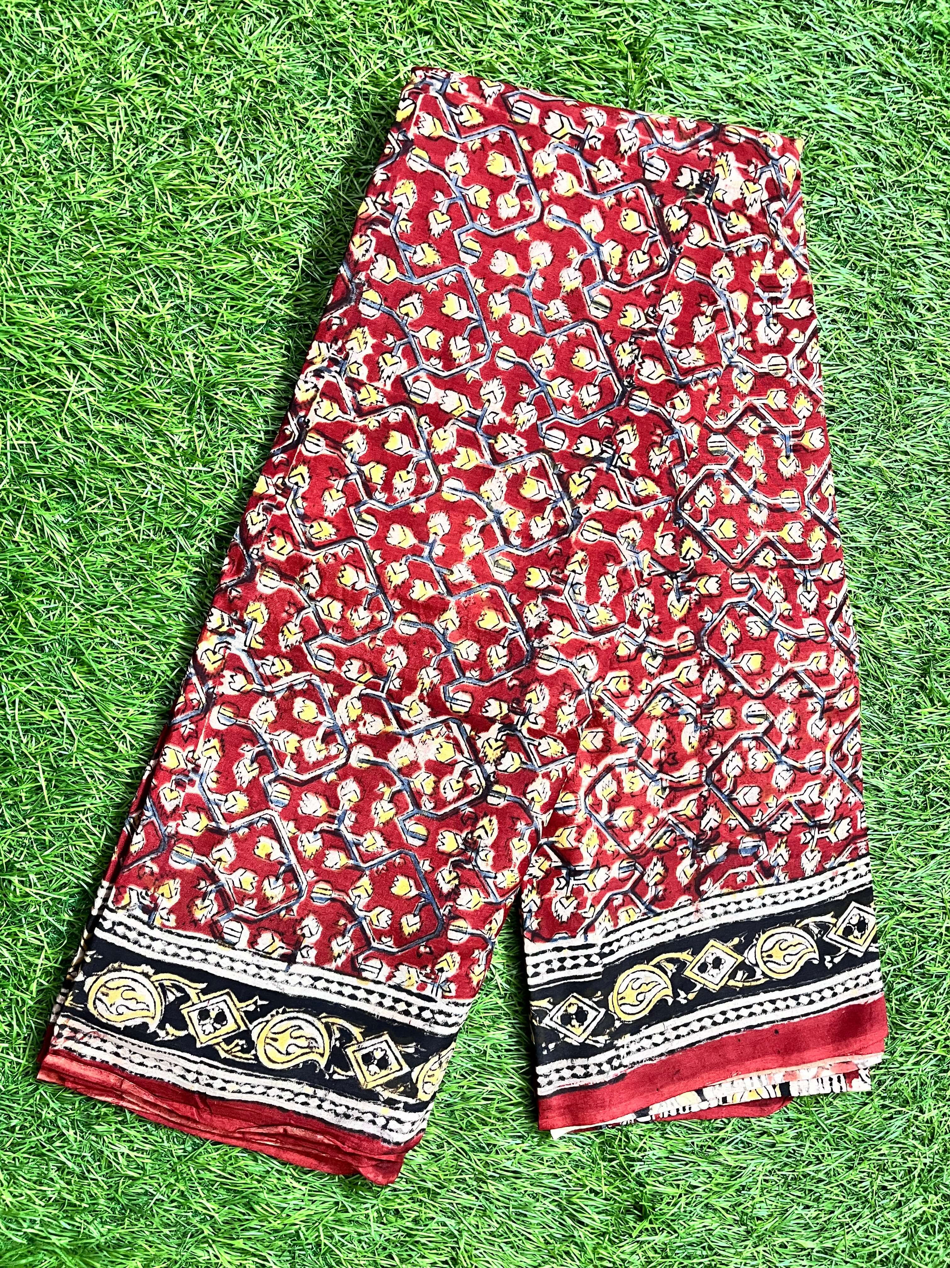 Hand Block Printed Kalamkari Chenuri Silk Saree KCSS-HB-M037