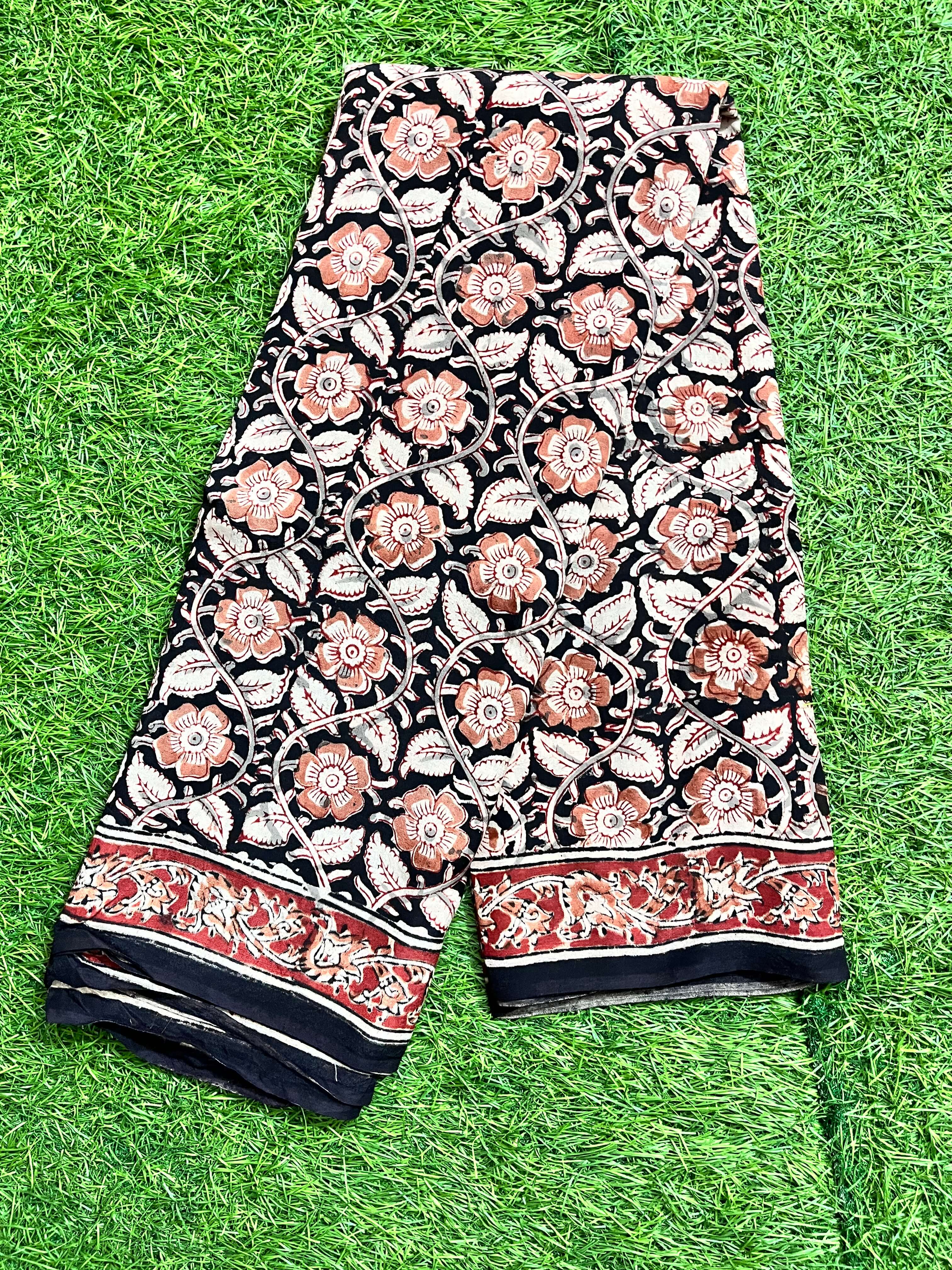 Hand Block Printed Kalamkari Chenuri Silk Saree KCSS-HB-M043