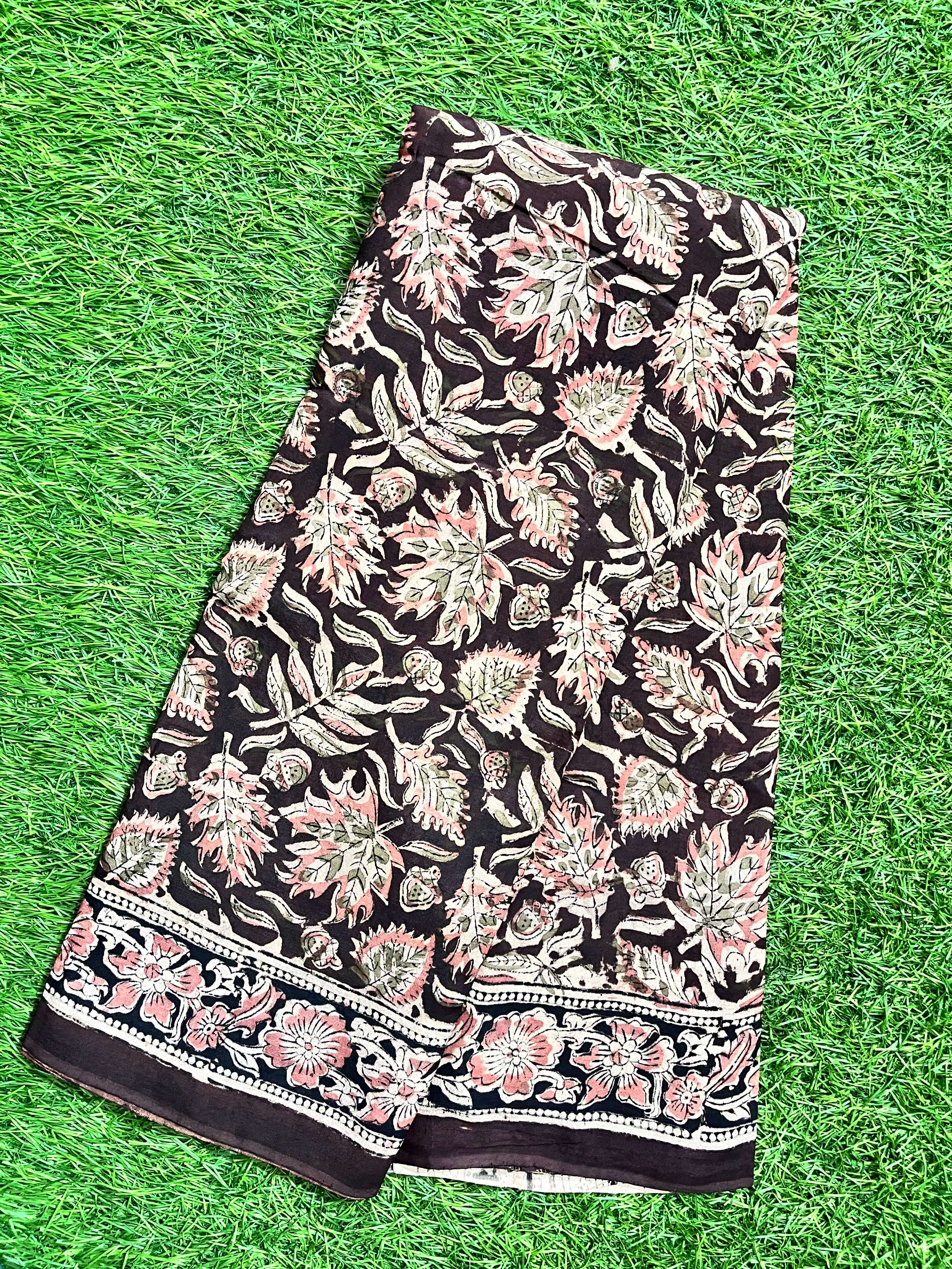 Hand Block Printed Kalamkari Chenuri Silk Saree KCSS-HB-M059