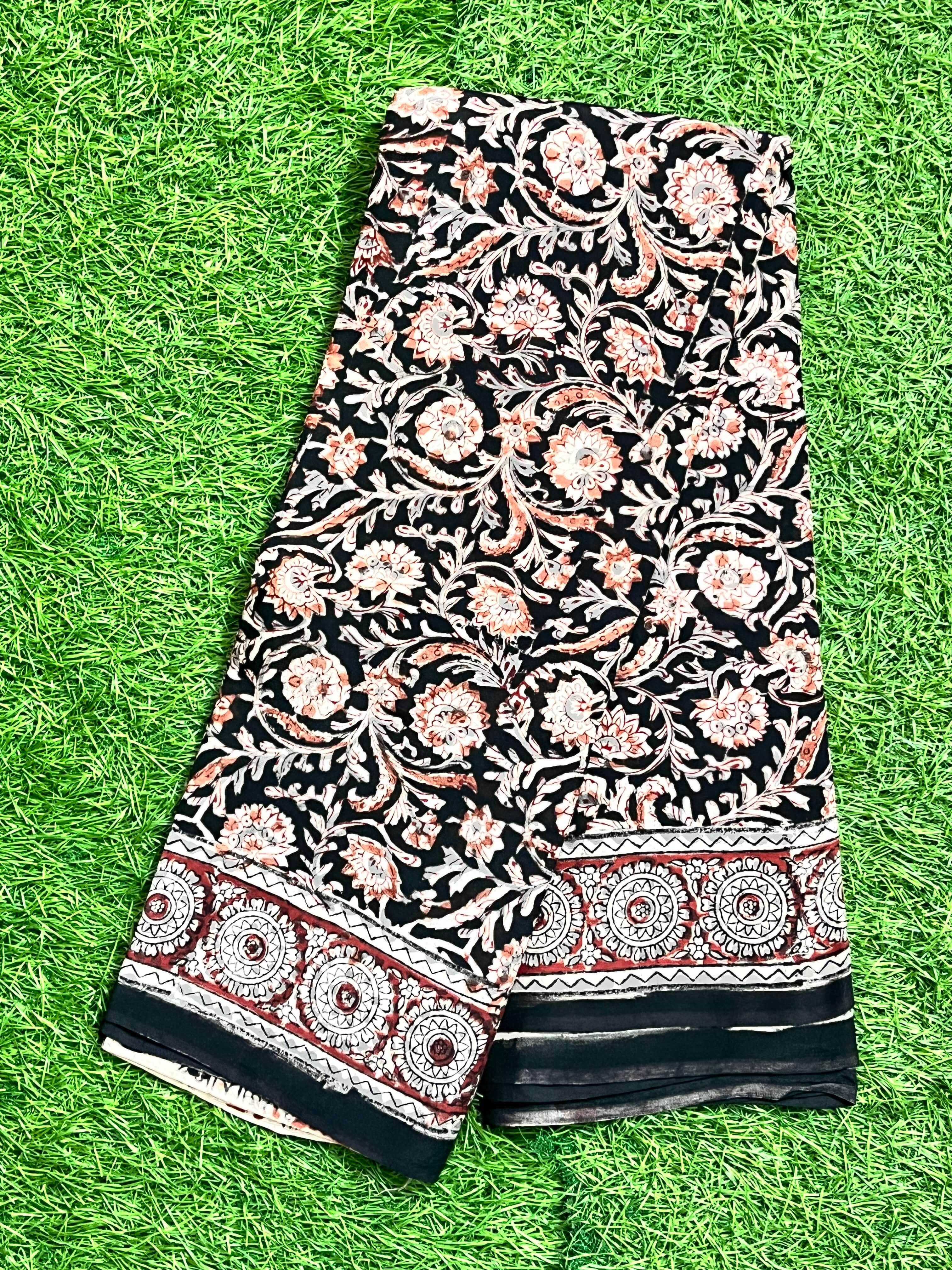 Hand Block Printed Kalamkari Chenuri Silk Saree KCSS-HB-M066