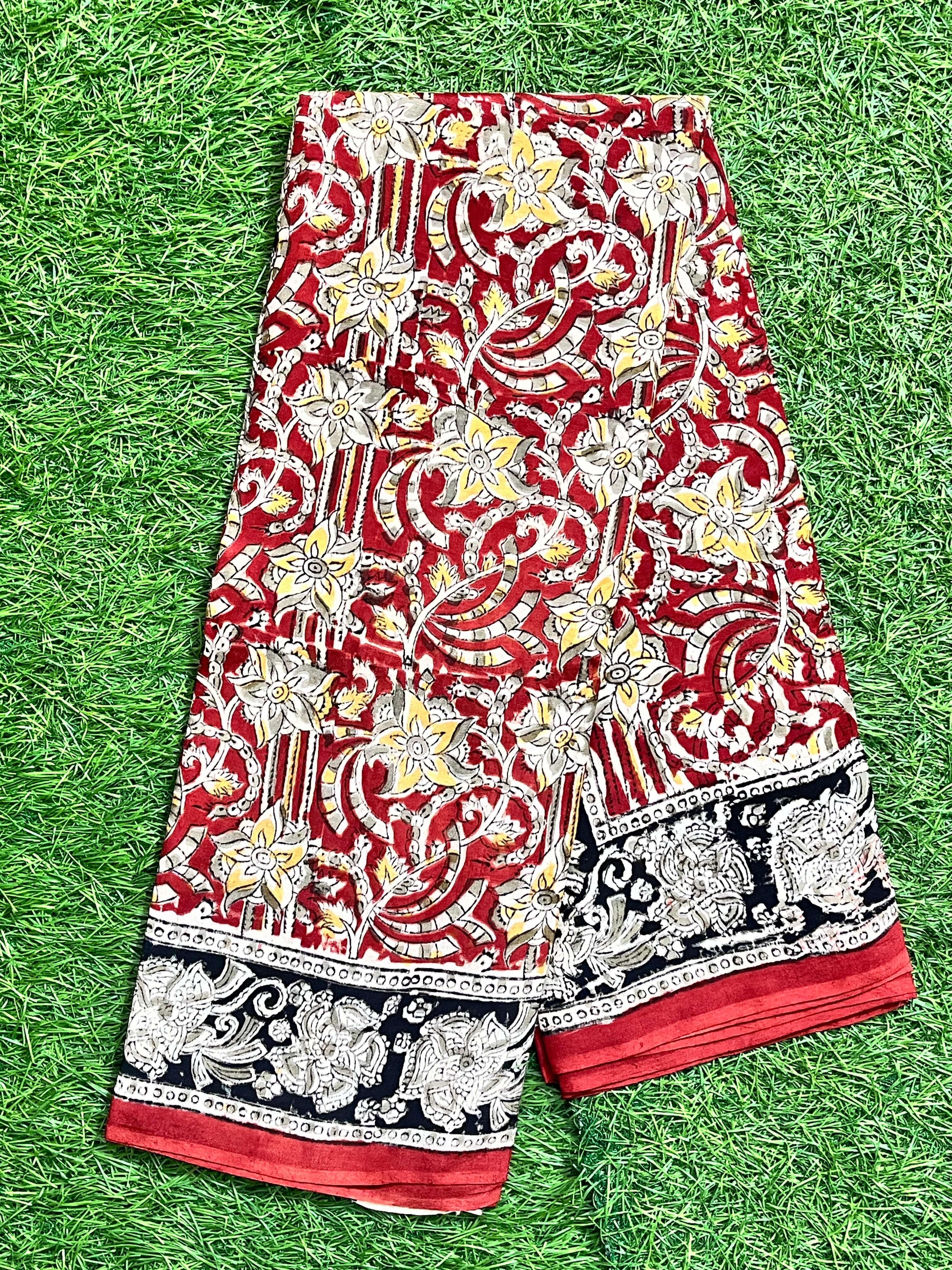 Hand Block Printed Kalamkari Chenuri Silk Saree KCSS-HB-M078