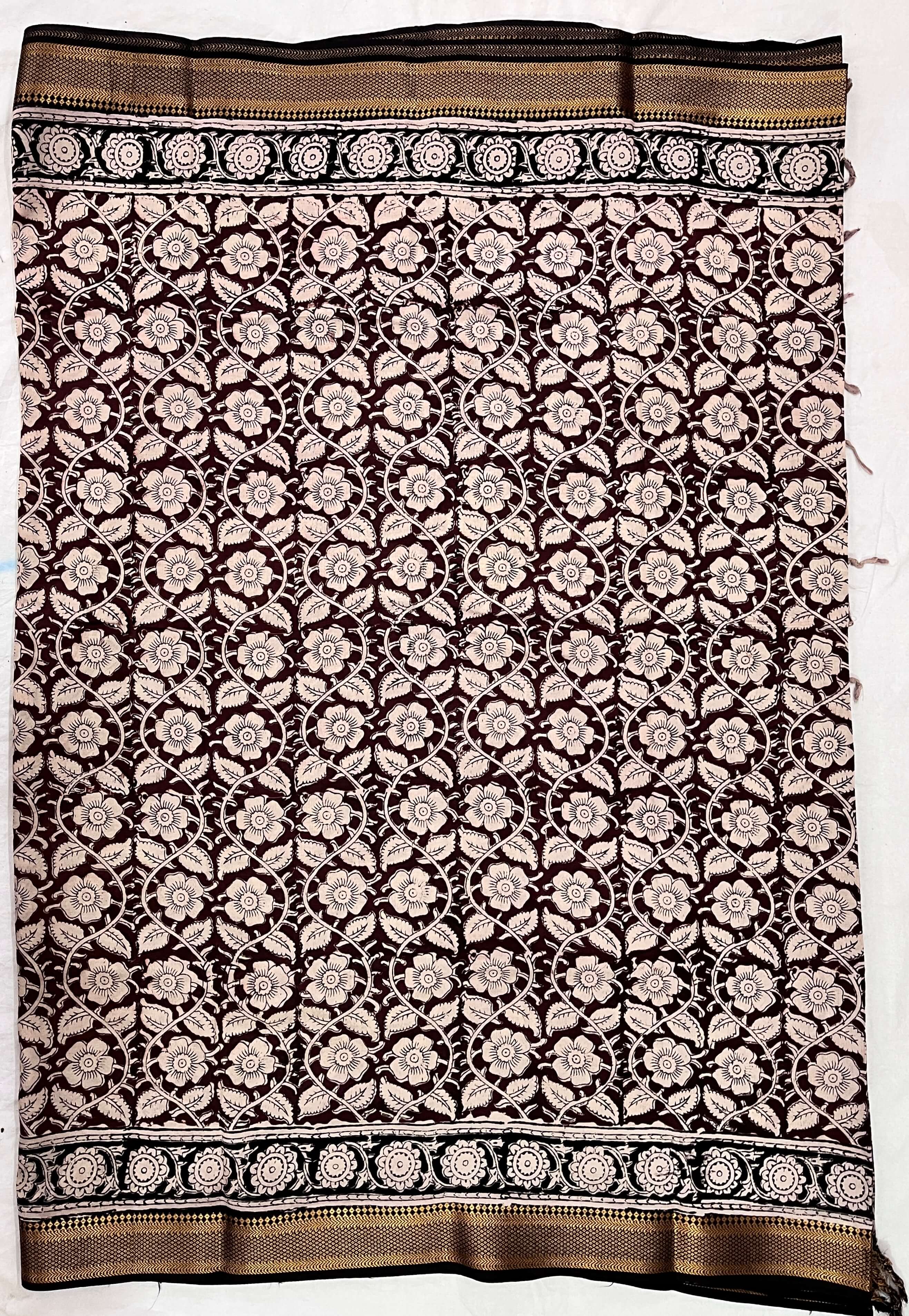 Kalamkari Cotton Saree with Nizam Border – Maroon Floral Pattern