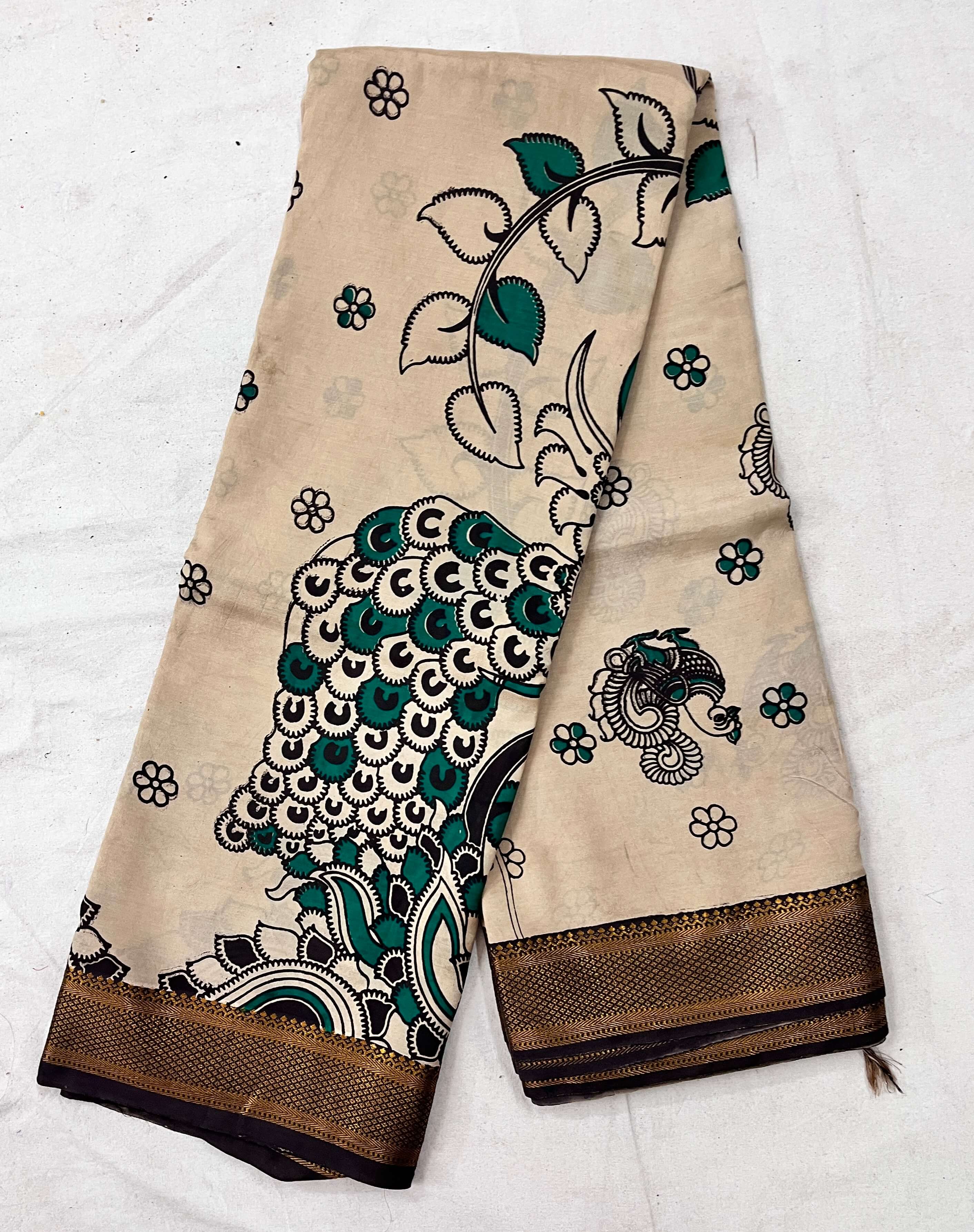 Kalamkari Cotton Saree with Nizam Border – Maroon Floral Pattern main image 1