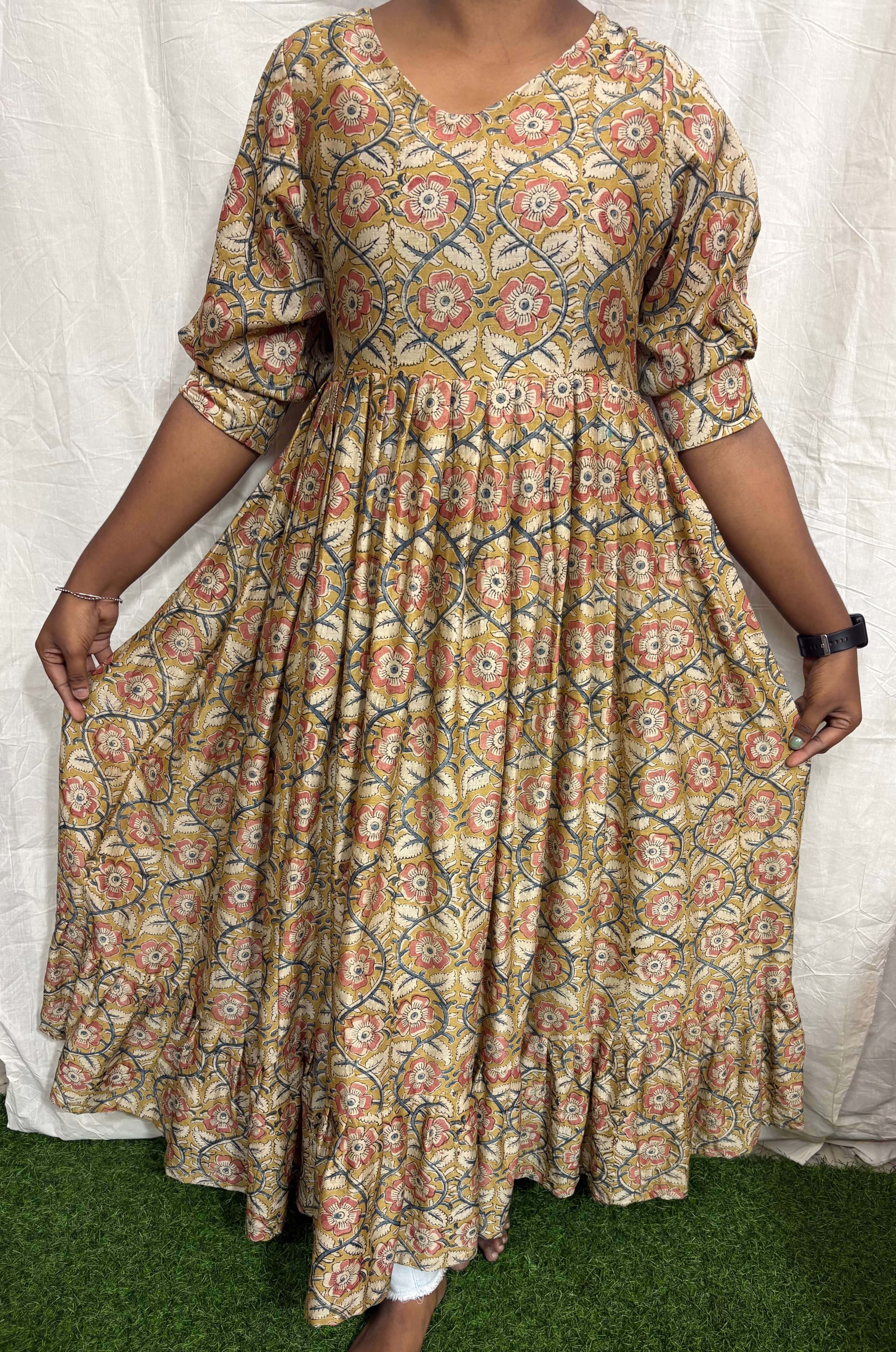 Handblock Kalamkari Flared Chanderi Silk Kurti - HBK-CH-M009