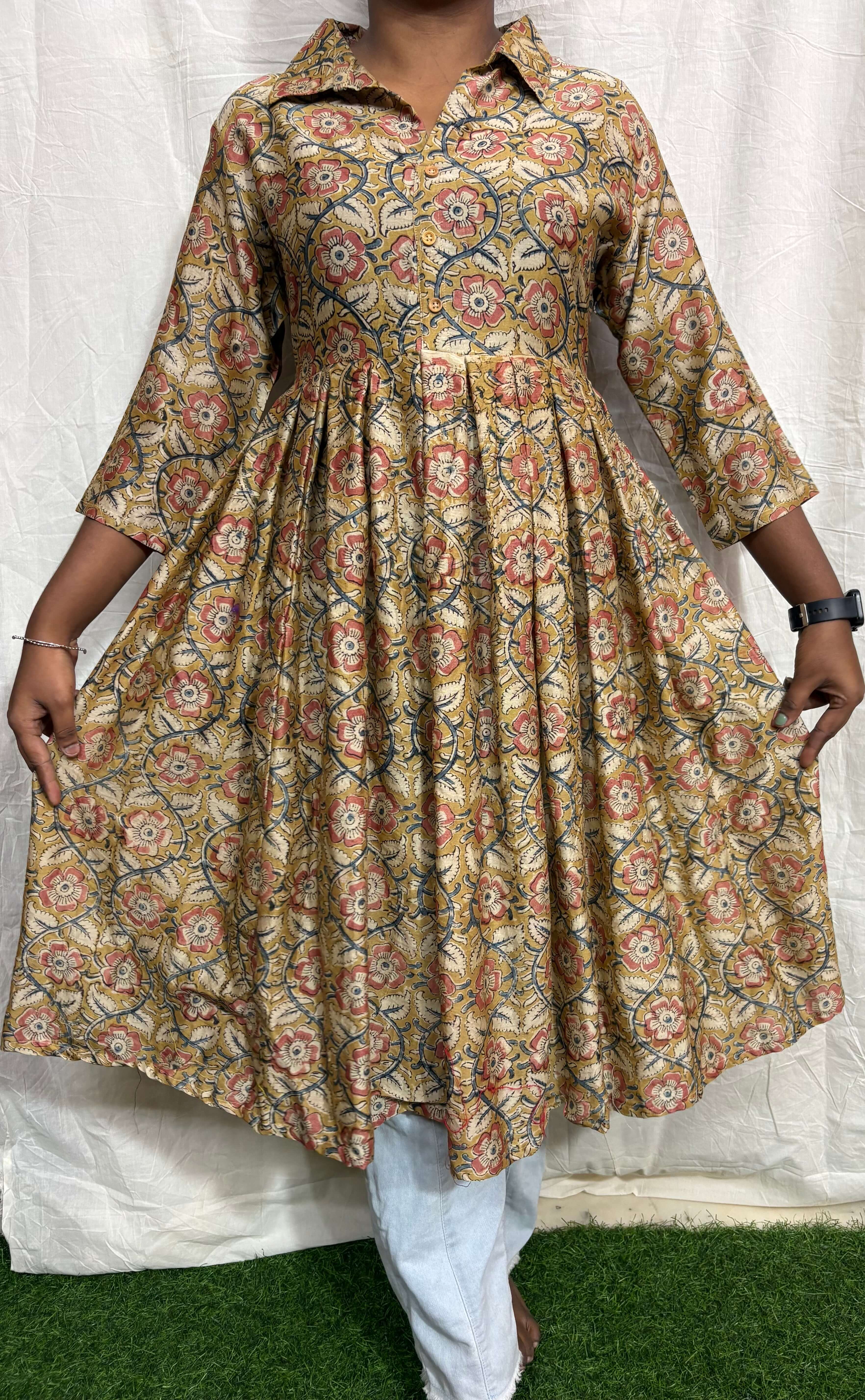 Handblock Kalamkari Flared Chanderi Silk Kurti - HBK-CH-M008