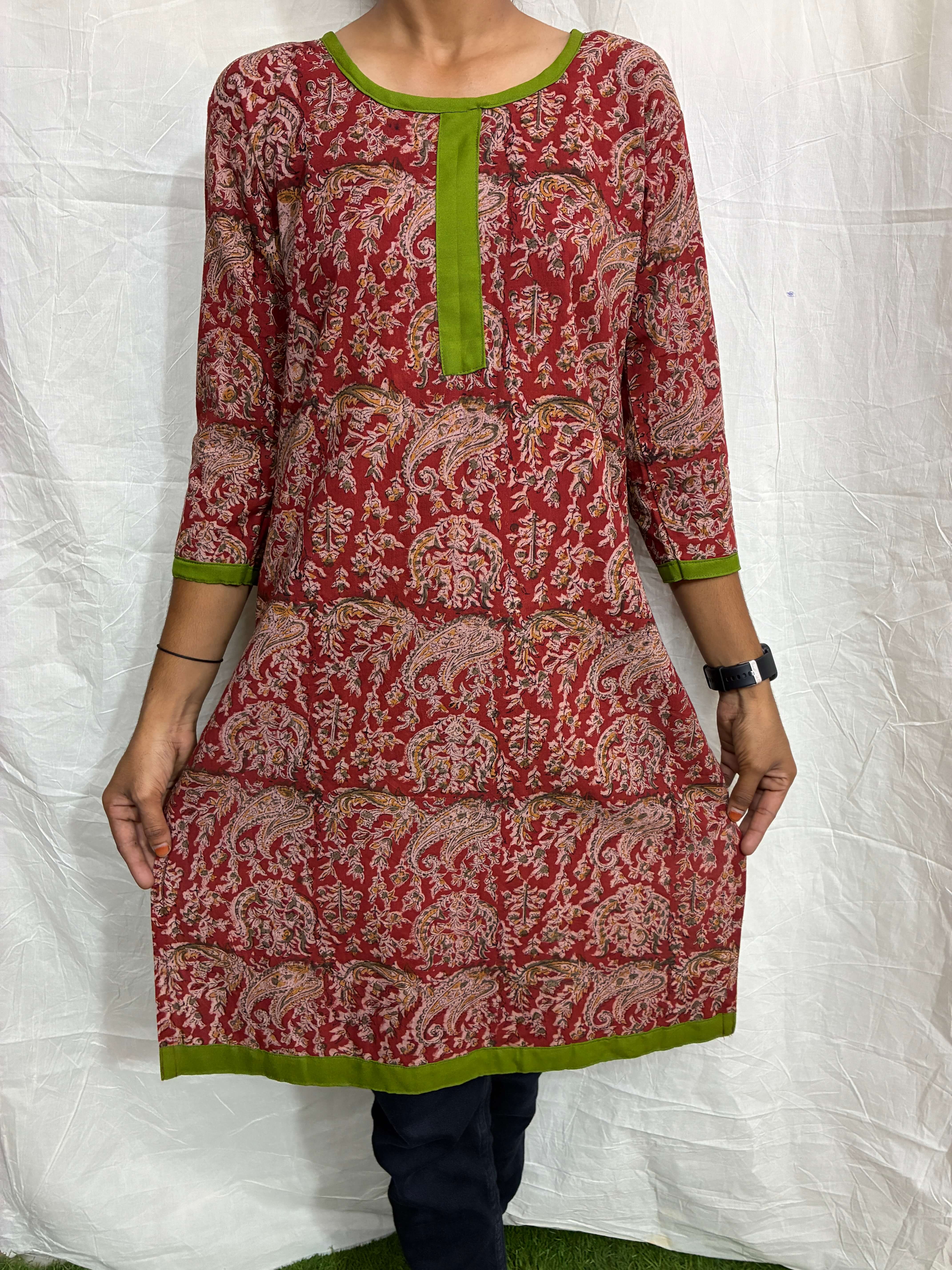 Handblock Kalamkari Cotton Straight Kurti - HBSK-C-M026
