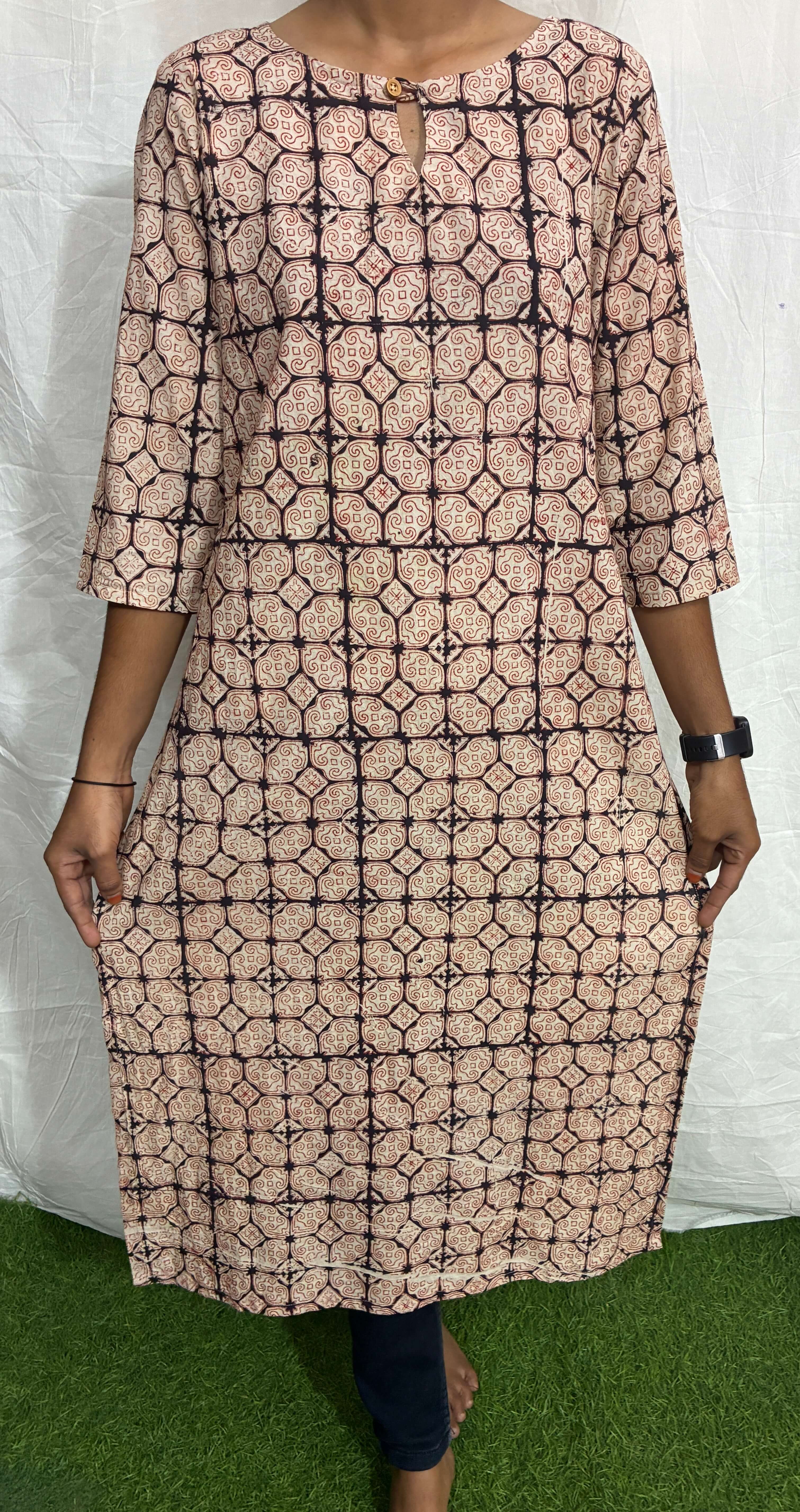 Handblock Kalamkari Cotton Straight Kurti - HBSK-C-M027