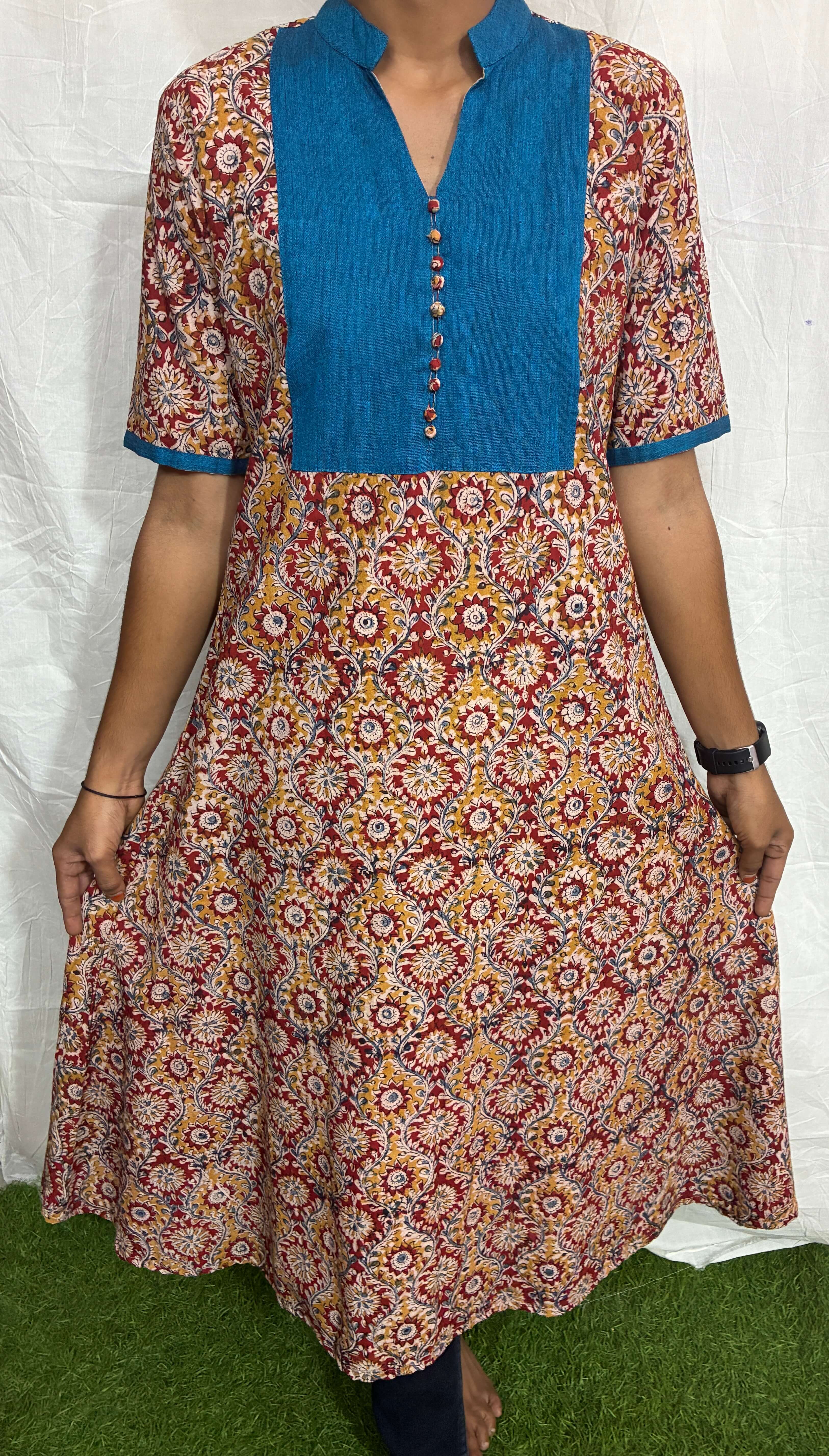 Handblock Kalamkari Cotton A Line Kurti - HBSK-C-M028