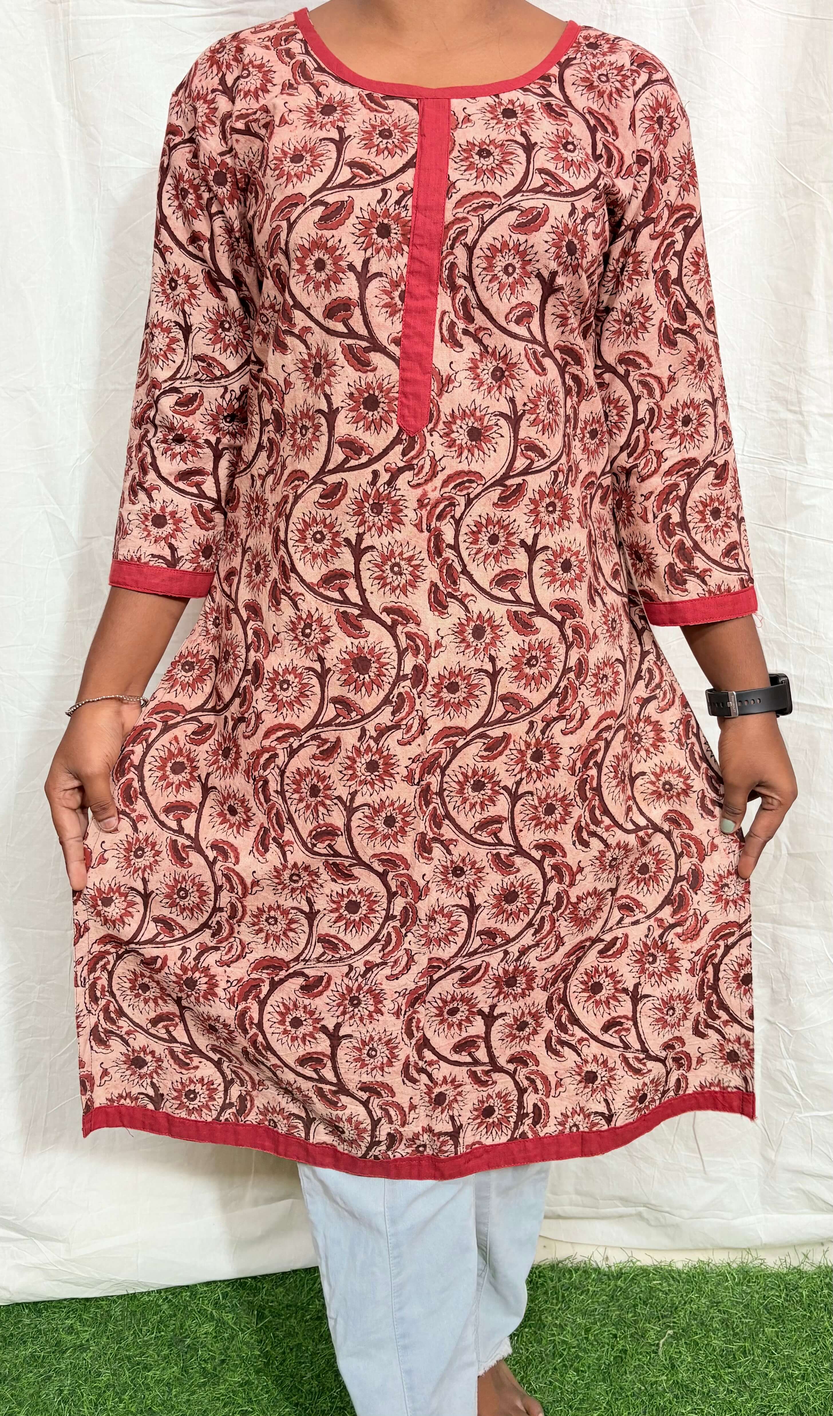 Handblock Kalamkari Cotton Straight Kurti - HBSK-C-M024