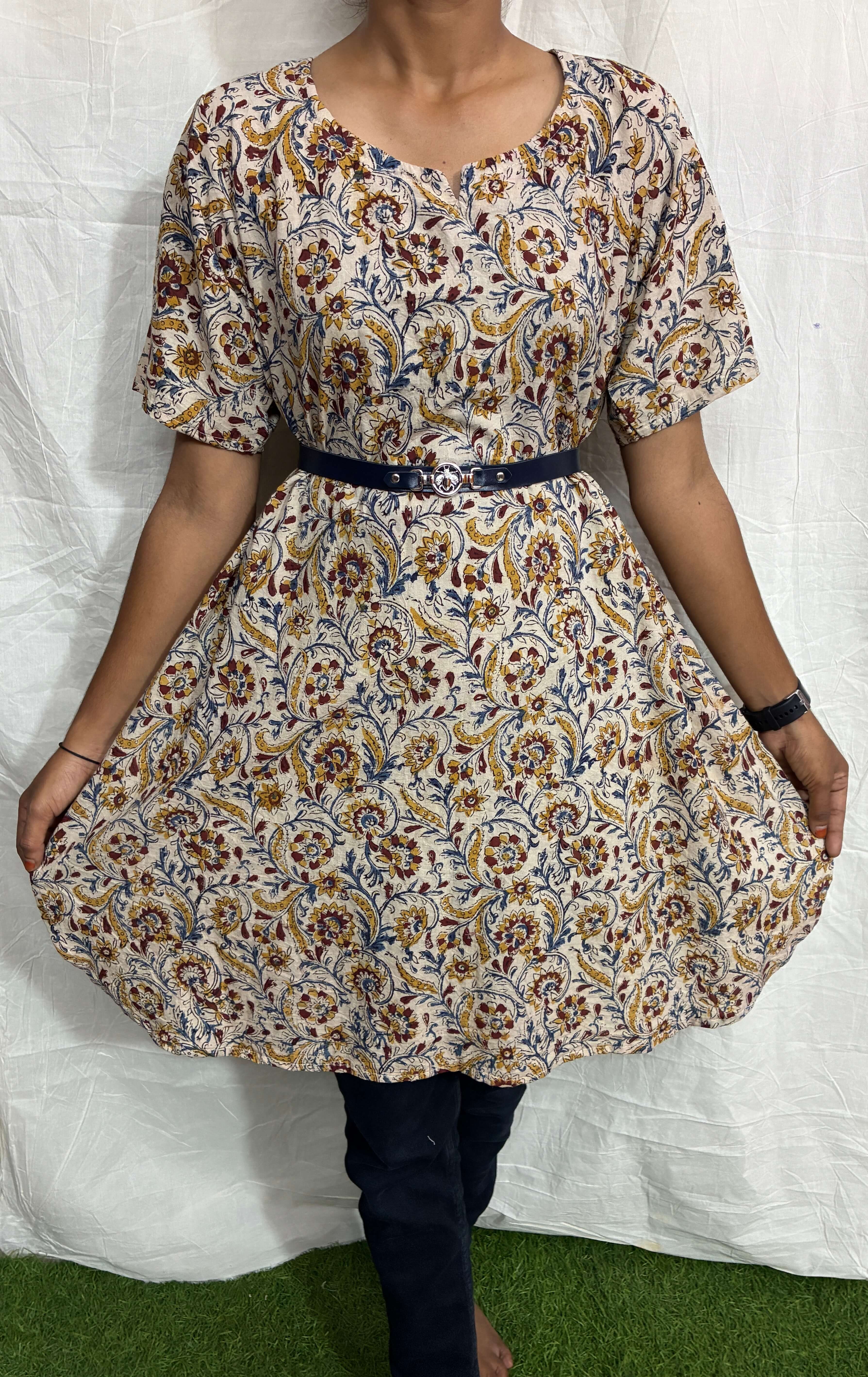 Handblock Kalamkari Cotton Straight Kurti - HBSK-C-M034