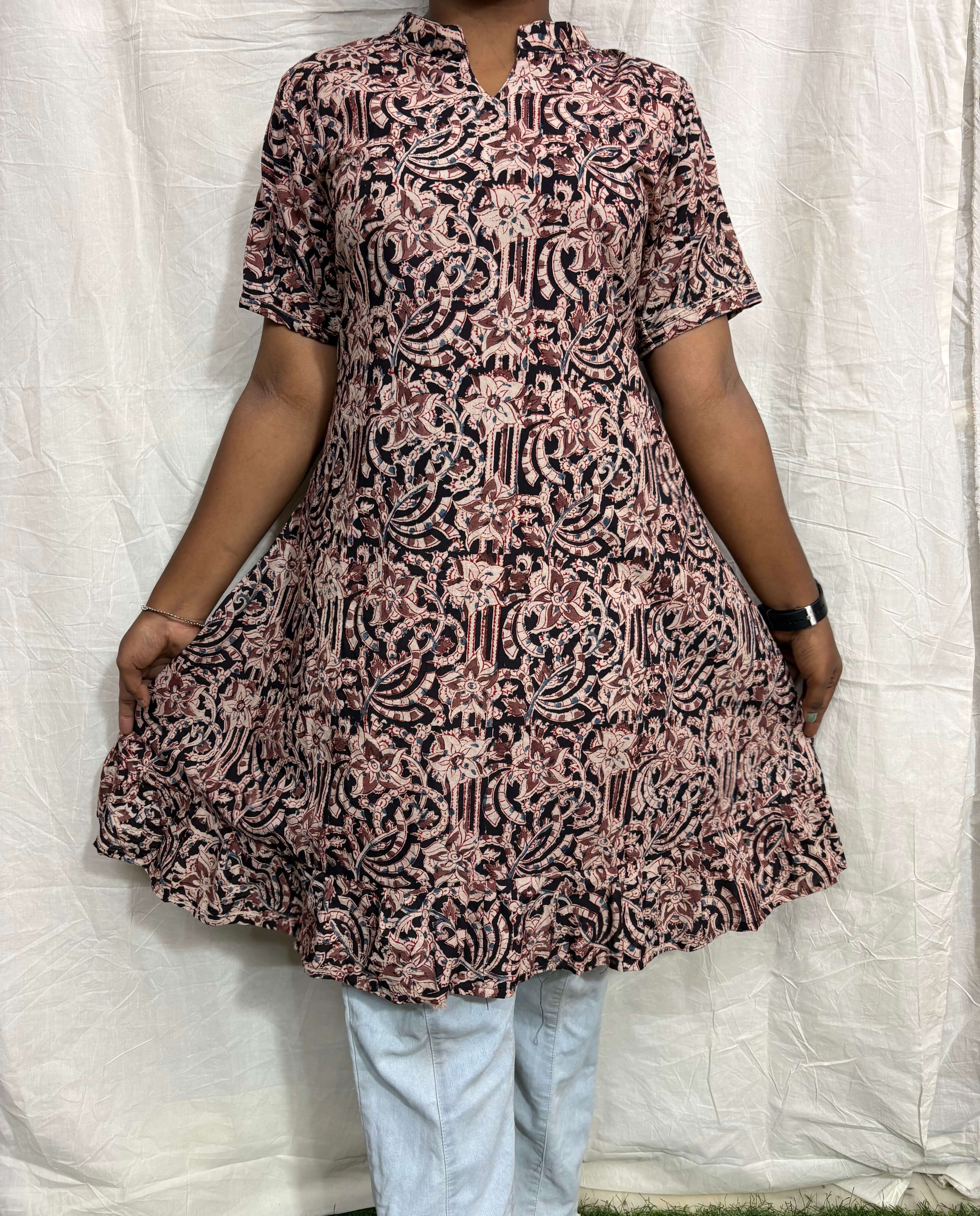 Handblock Kalamkari Cotton A Line Kurti - HBSK-C-M029