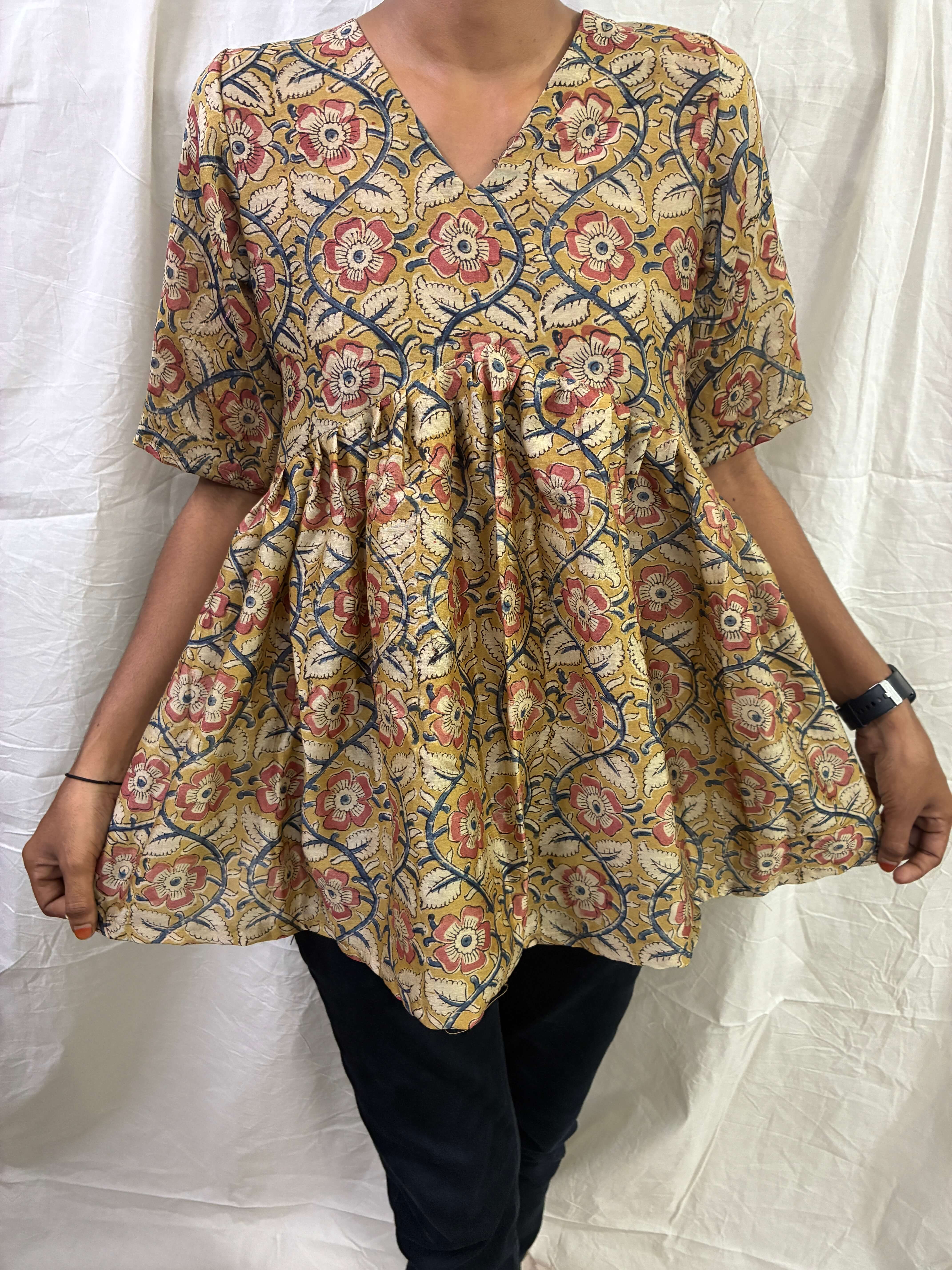Handblock Kalamkari Flared Chanderi Silk Short Kurti - HBSK-CS-M006