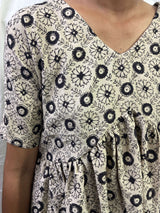 Handblock Kalamkari Flared Satin/Cotton Short Kurti - HBSK-SC-M002