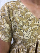 Handblock Kalamkari Flared Satin/Cotton Short Kurti - HBSK-SC-M004