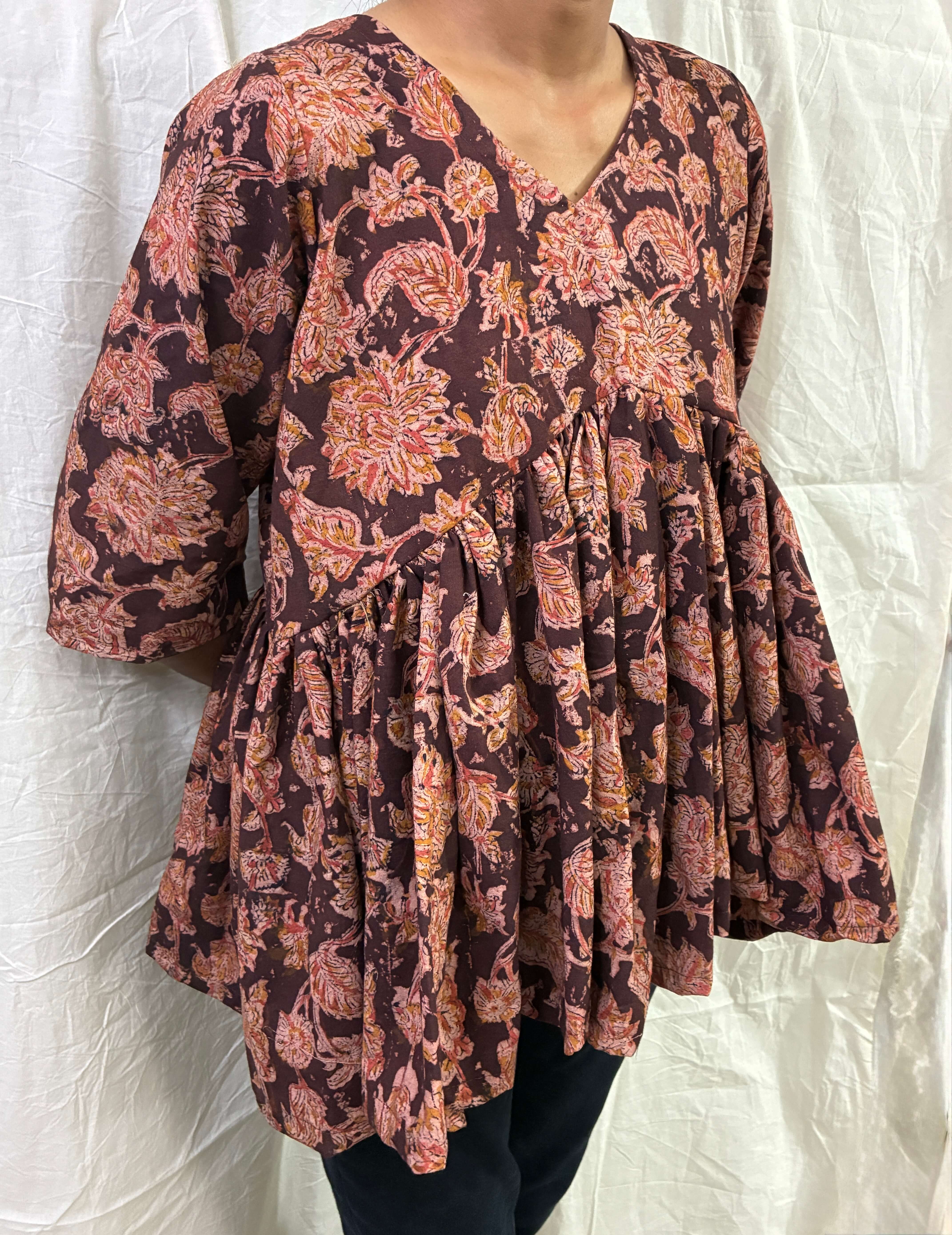 Handblock Kalamkari Flared Cotton Short Kurti - HBSK-C-M003