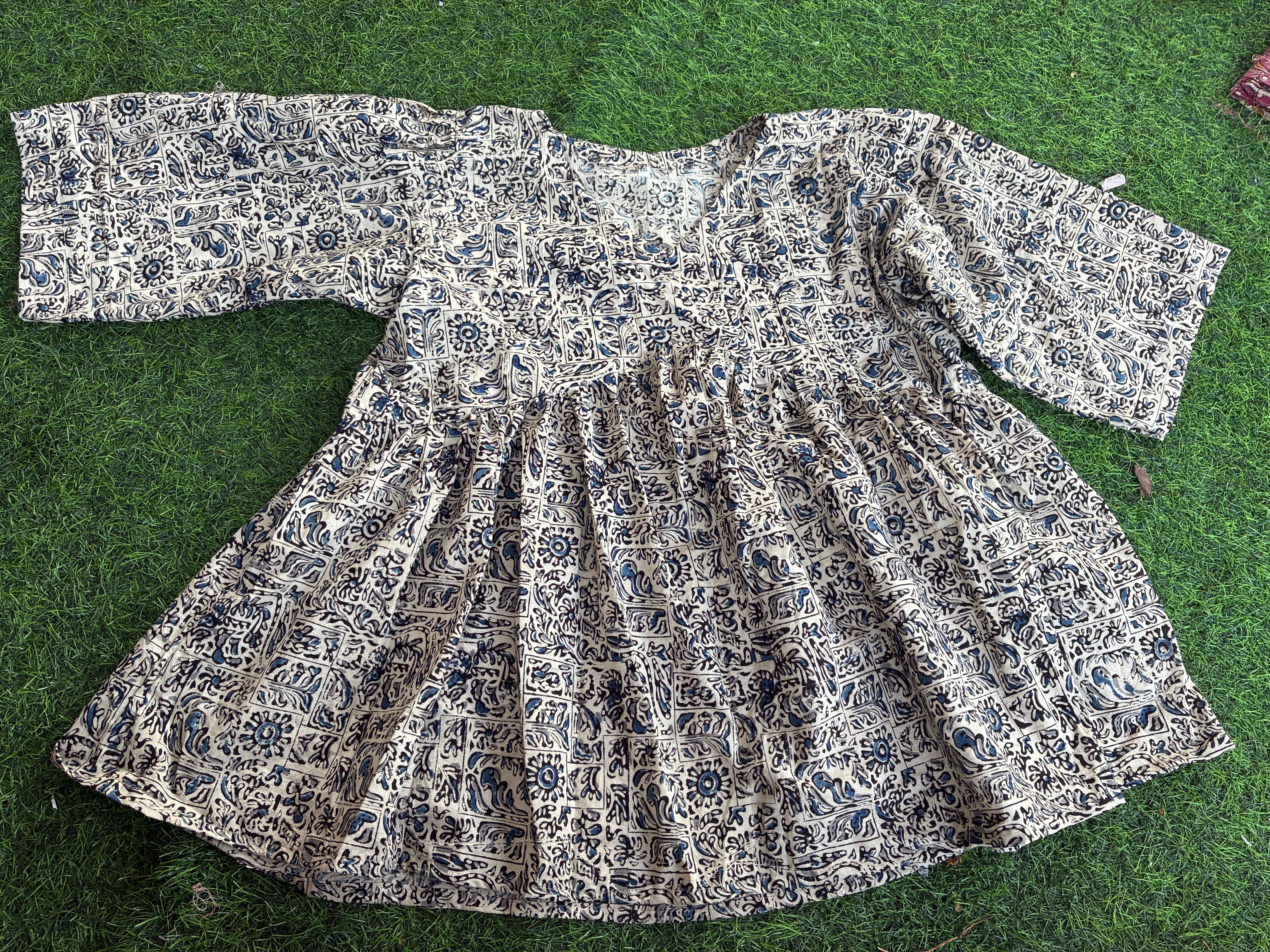 Handblock Kalamkari Flared Cotton Short Kurti - HBSK-C-M015