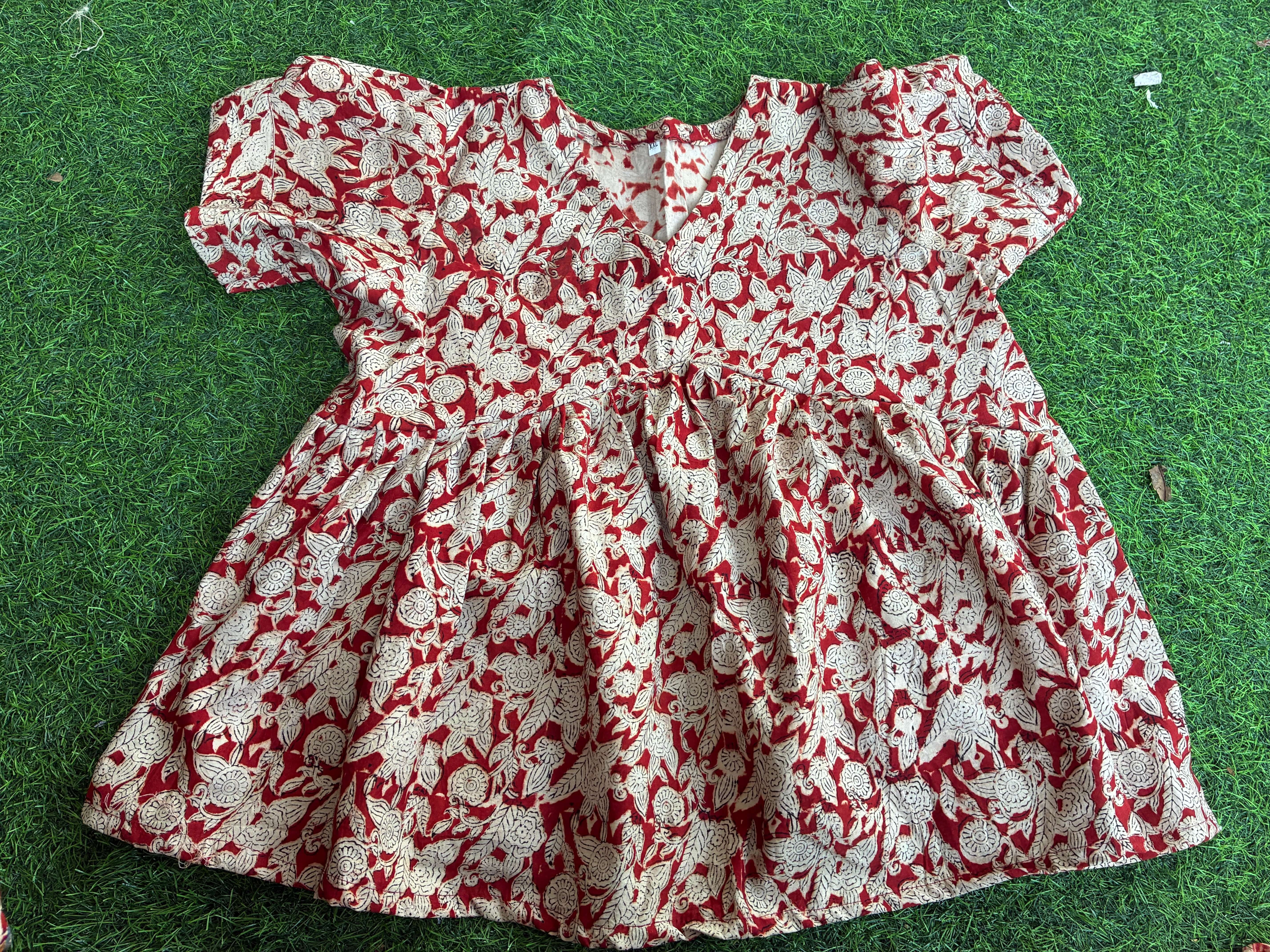 Handblock Kalamkari Flared Satin/Cotton Short Kurti - HBSK-SC-M007