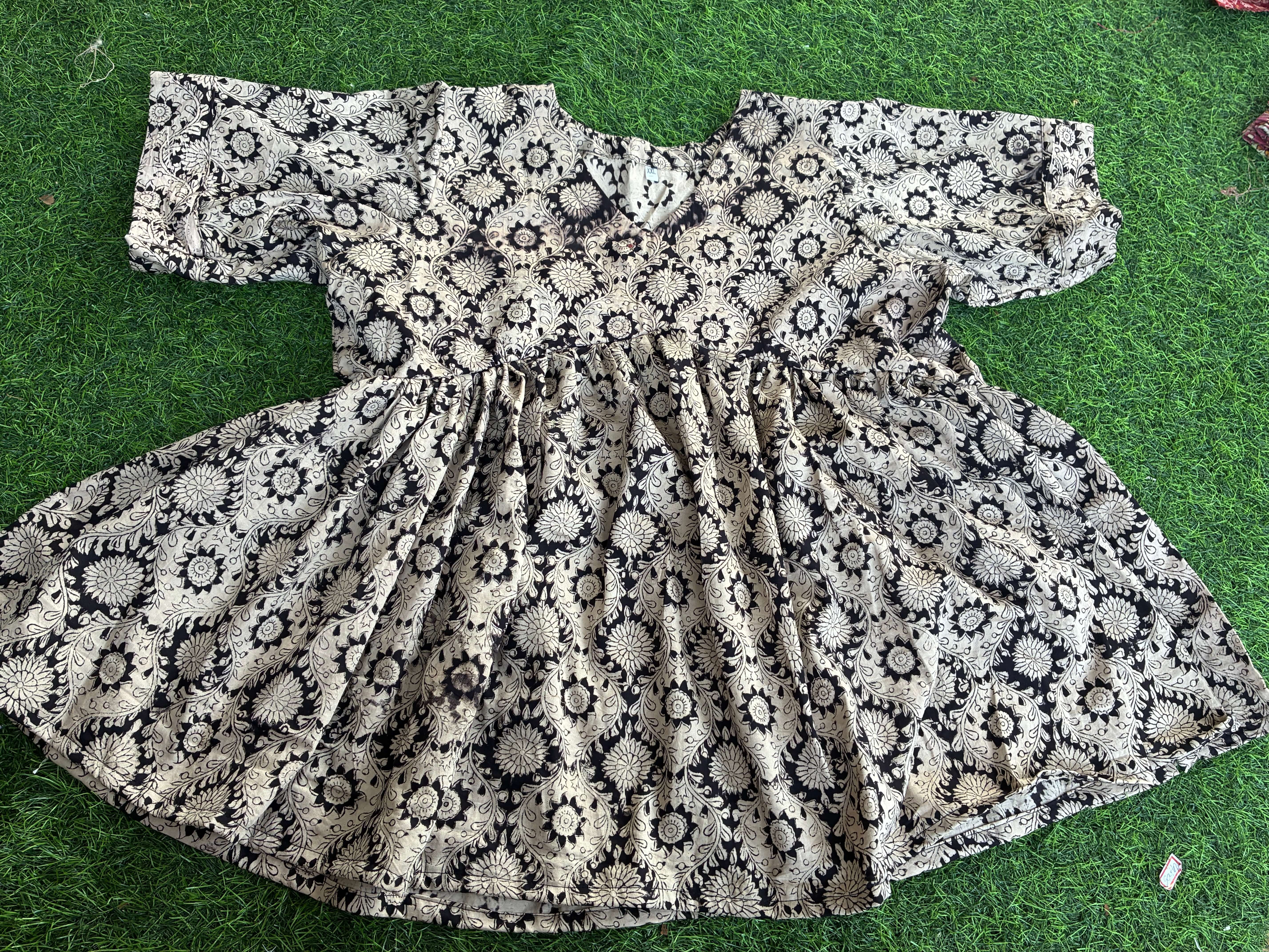 Handblock Kalamkari Flared Satin/Cotton Short Kurti - HBSK-SC-M016