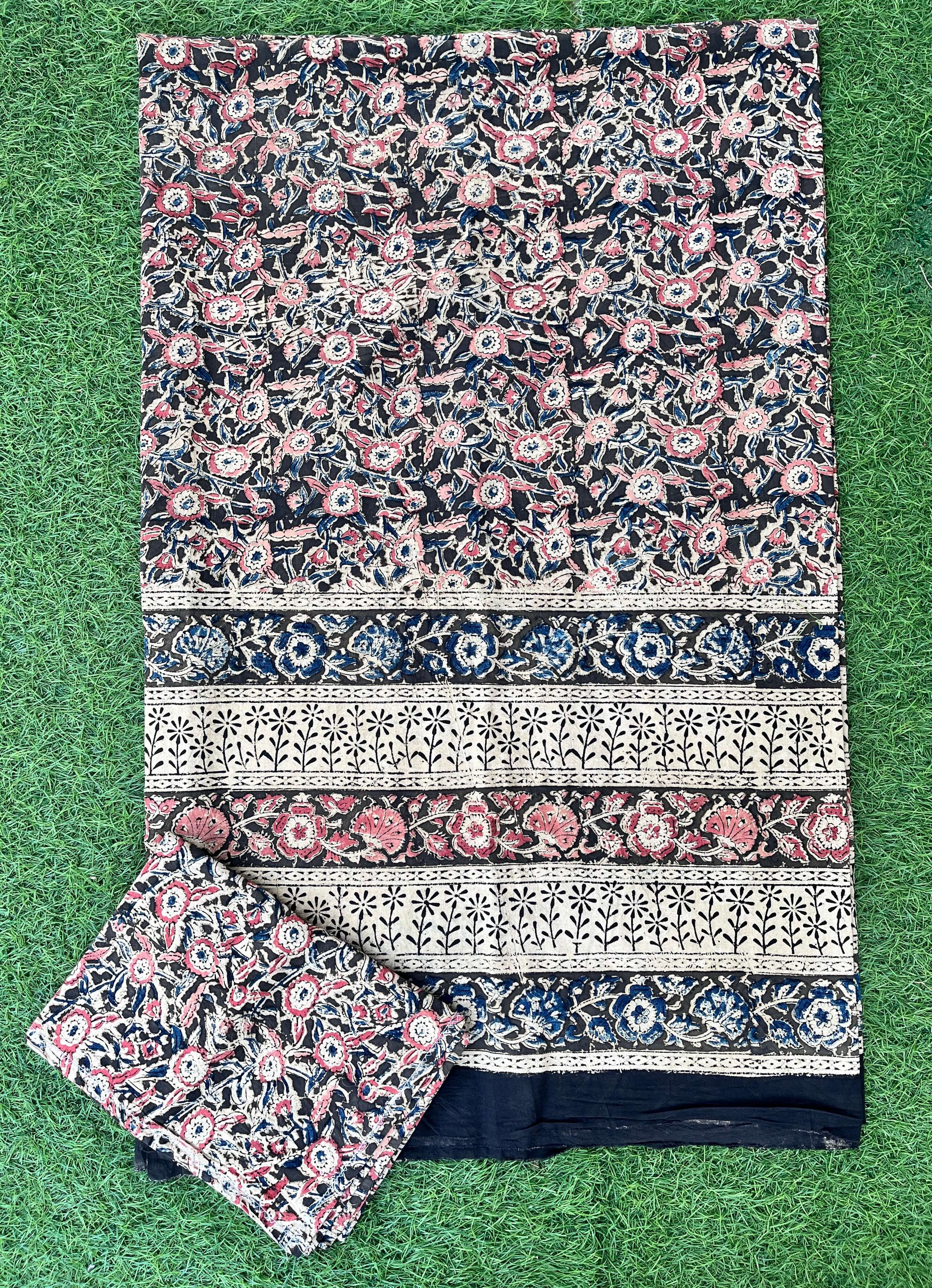 Kalamkari Block Printed Cotton Bed Cover with Pillow Covers - KBS011(90*108)