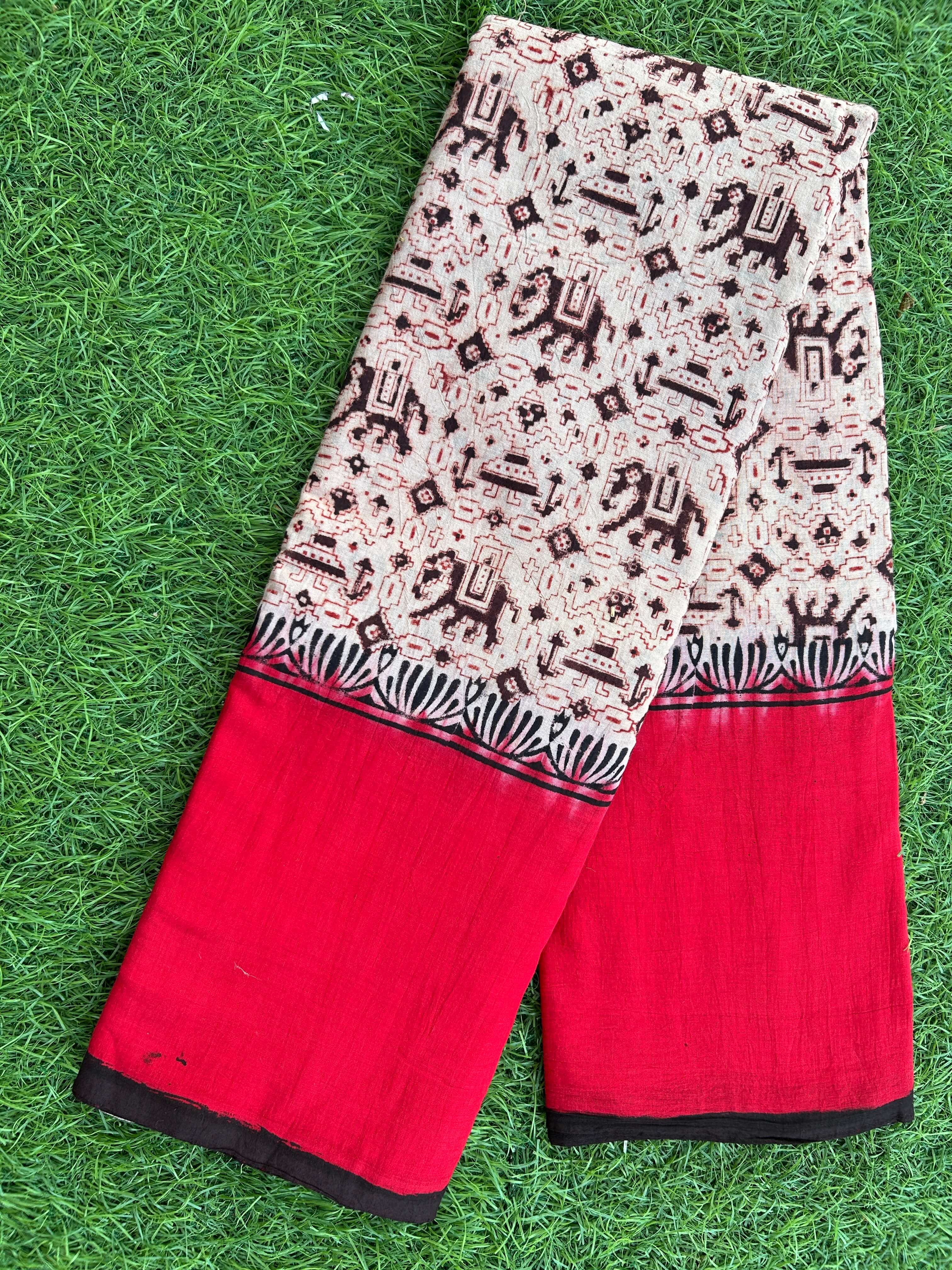 Kalamkari Cotton Hand Printed Gap Border Saree-KCS-HPGB-M015