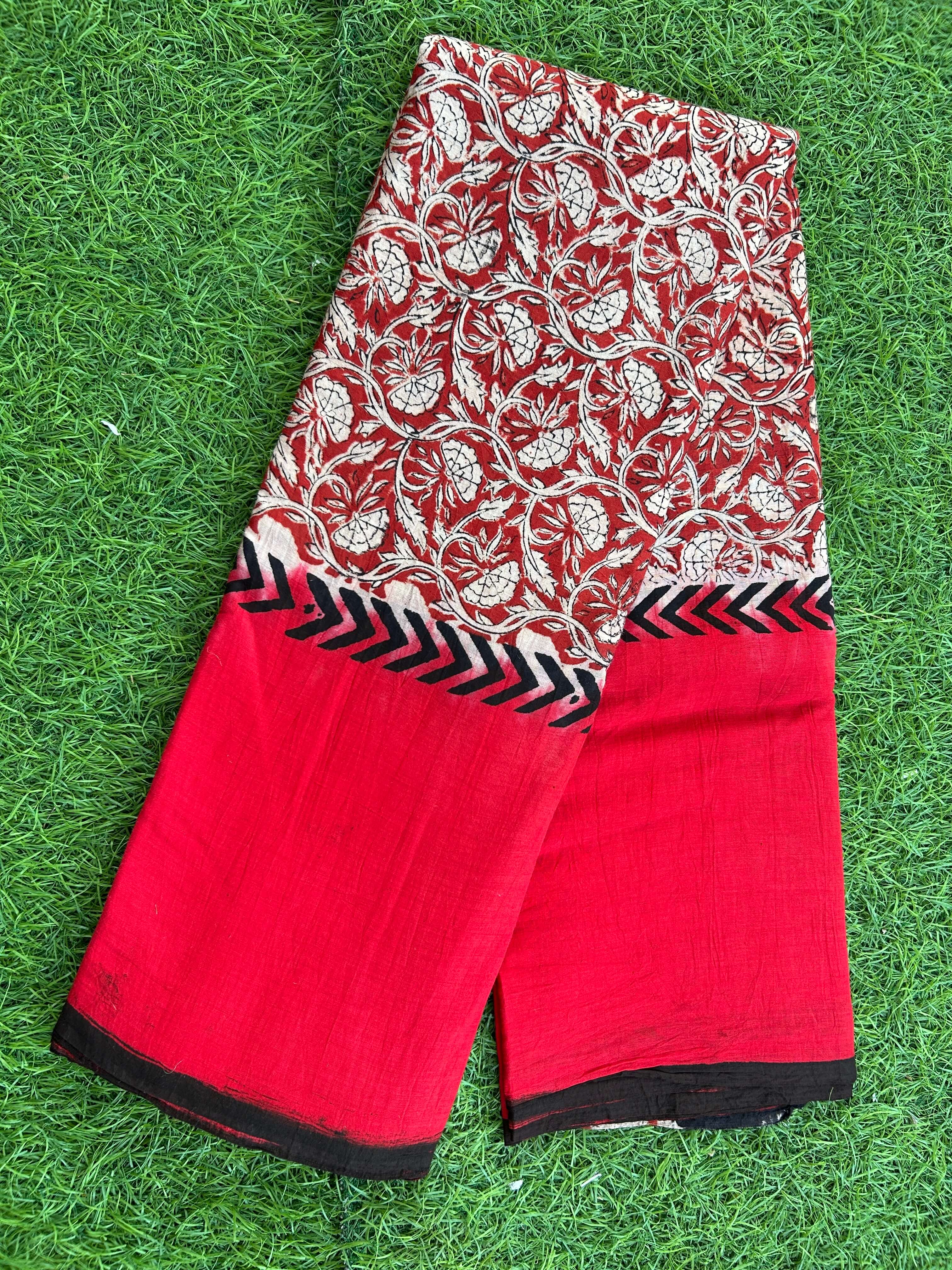 Kalamkari Cotton Hand Printed Gap Border Saree-KCS-HPGB-M020