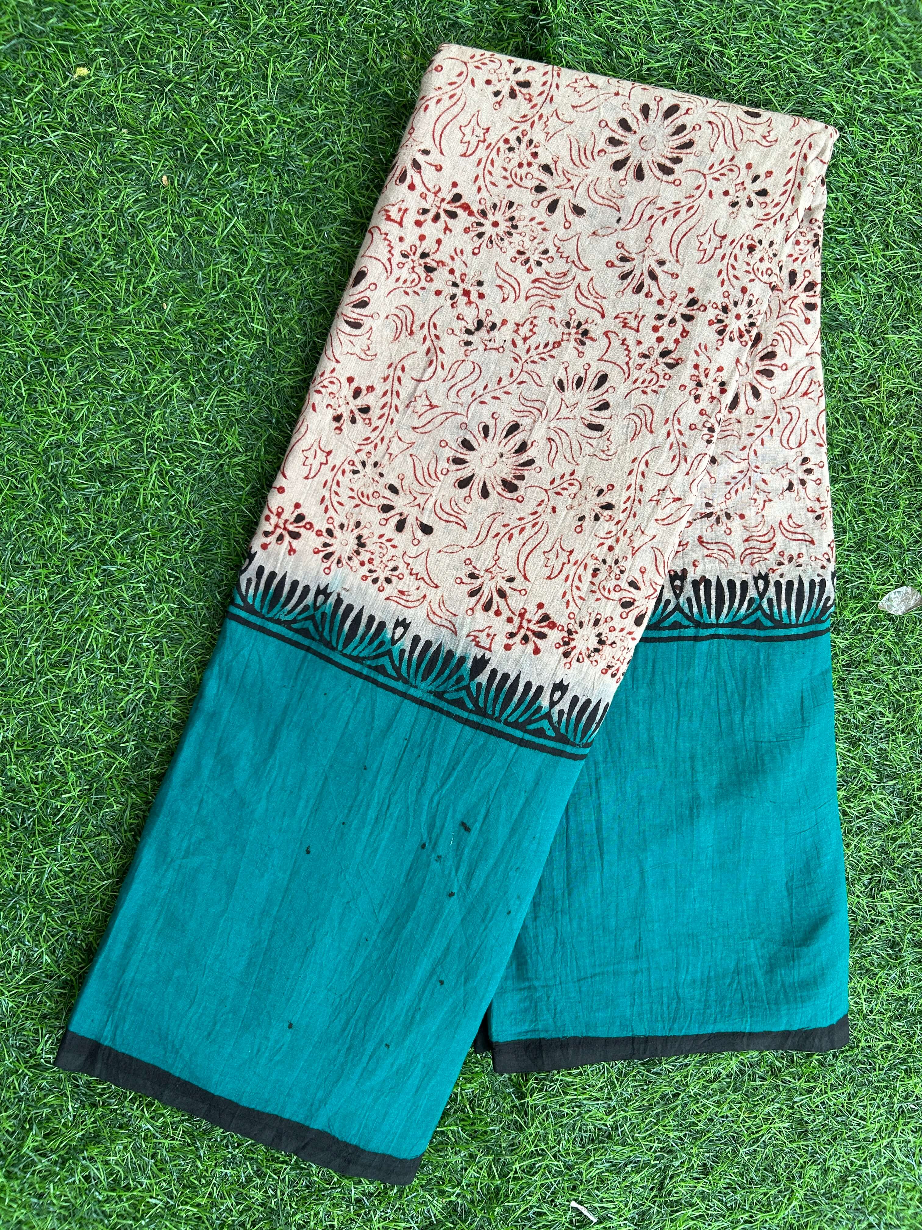 Kalamkari Cotton Hand Printed Gap Border Saree-KCS-HPGB-M041