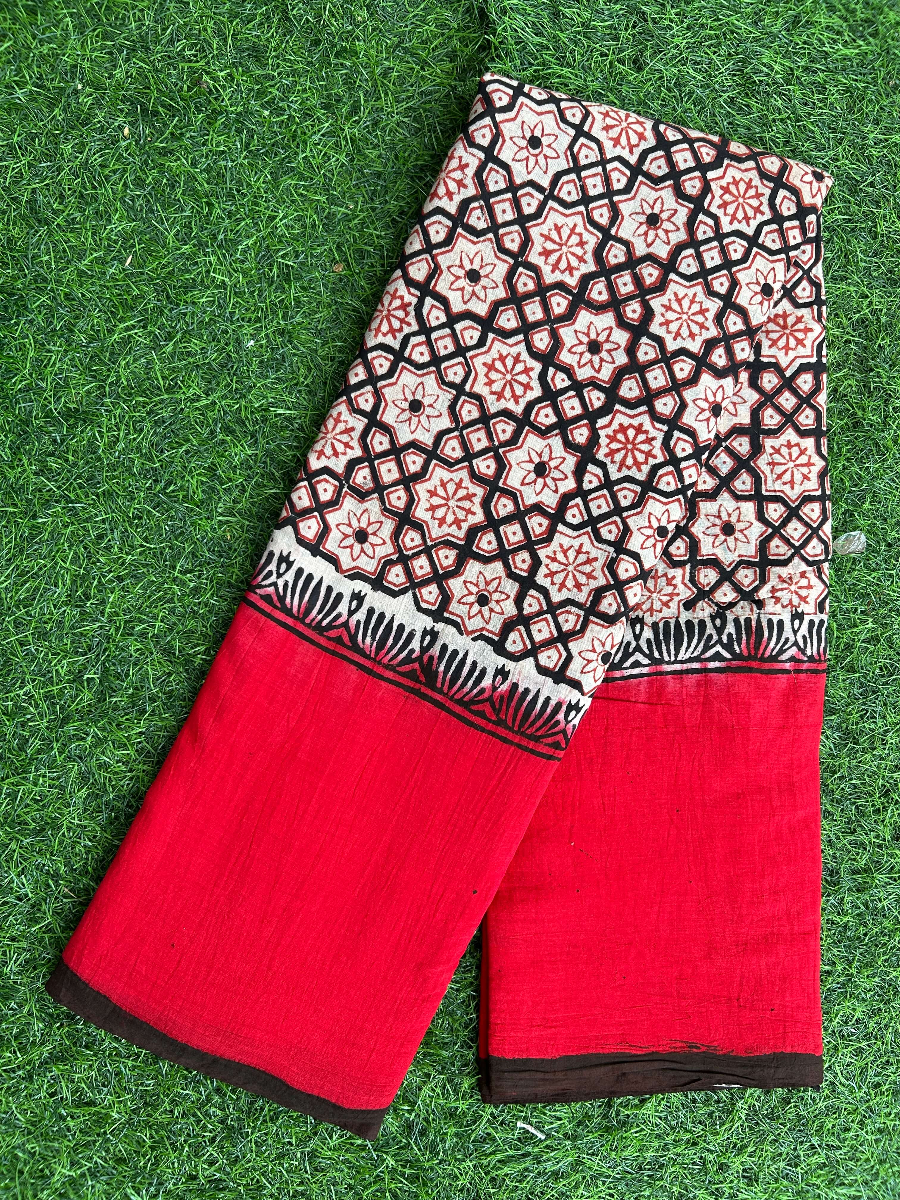 Kalamkari Cotton Hand Printed Gap Border Saree-KCS-HPGB-M038