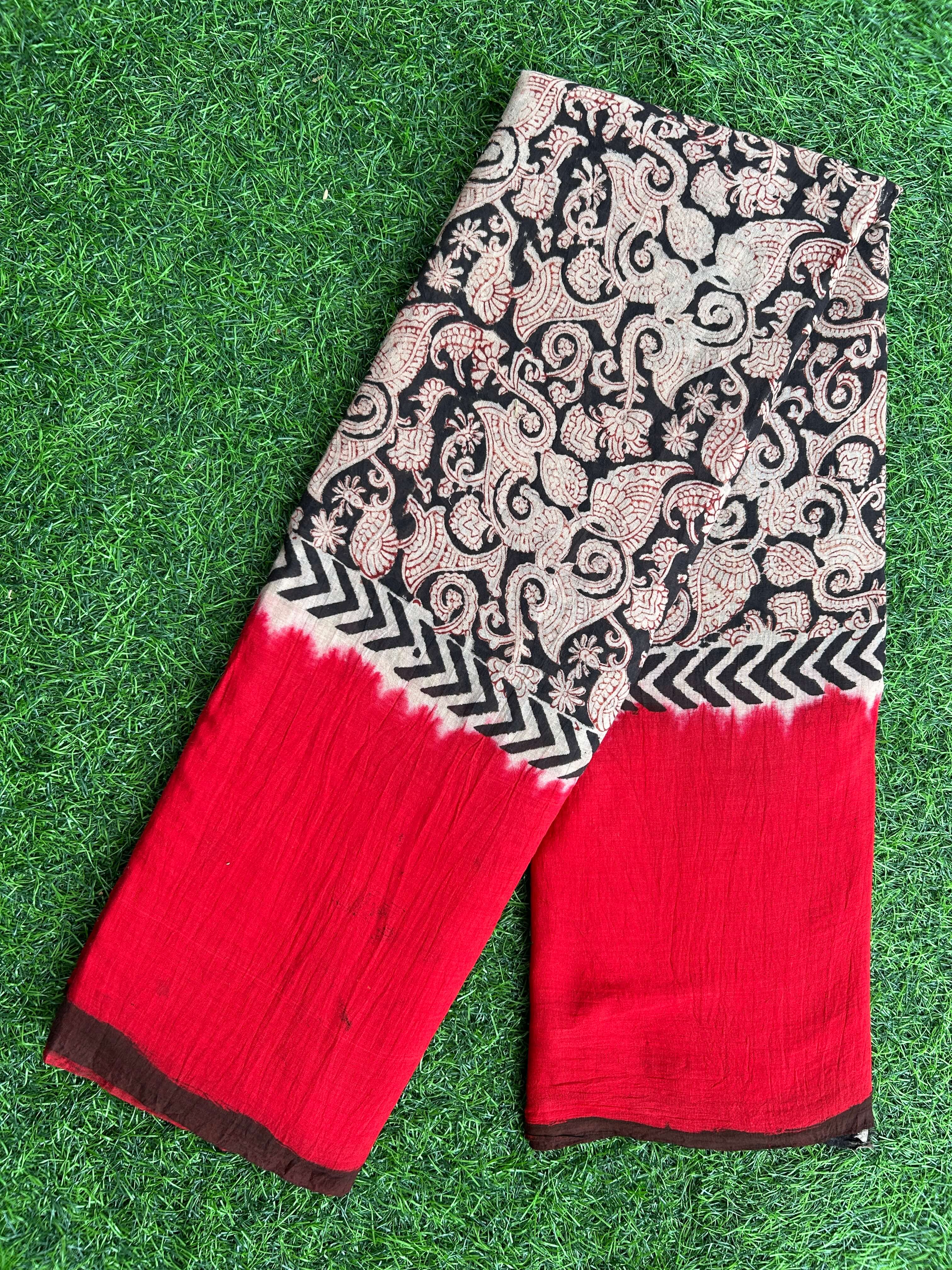 Kalamkari Cotton Hand Printed Gap Border Saree-KCS-HPGB-M037