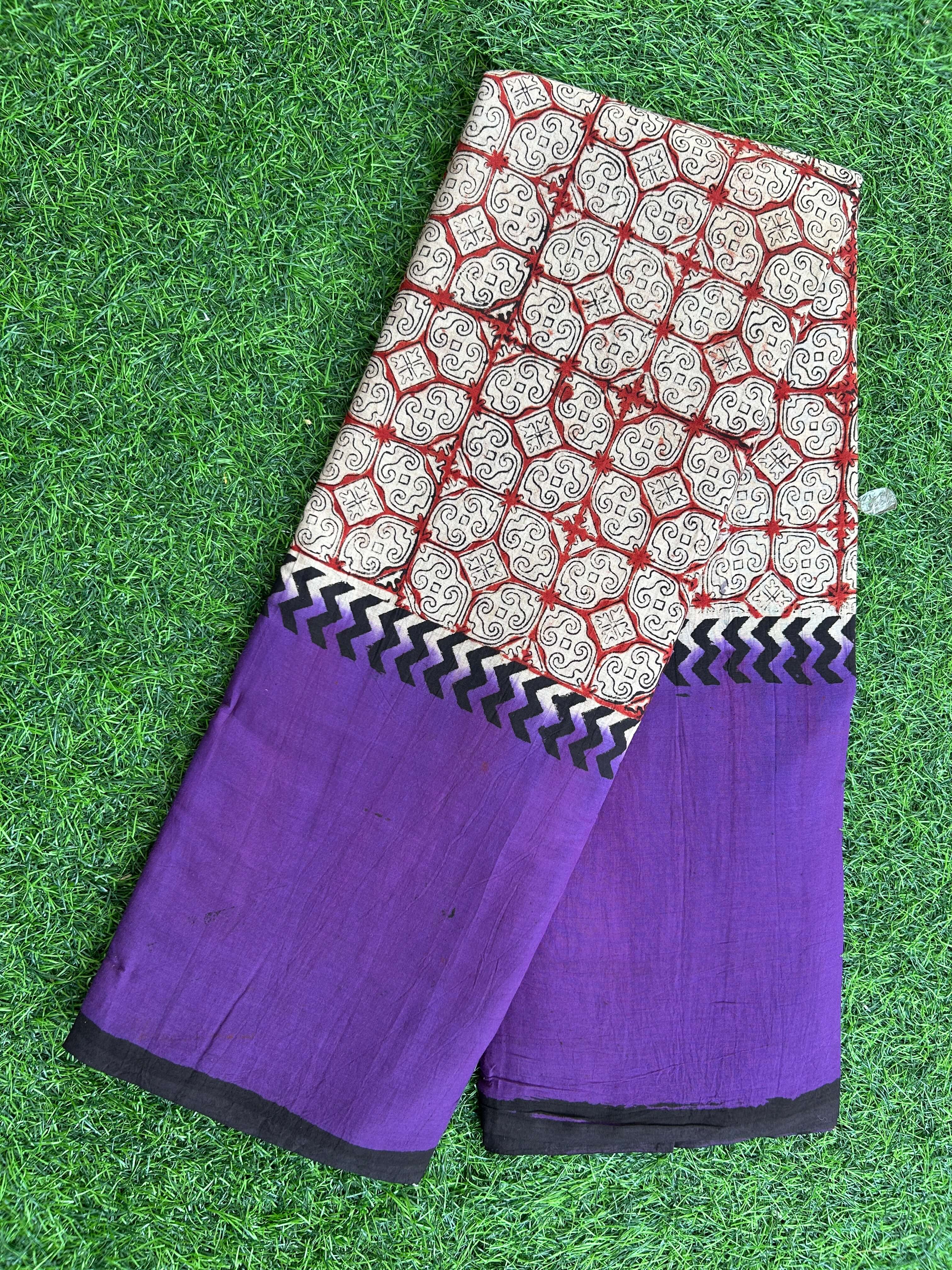 Kalamkari Cotton Hand Printed Gap Border Saree-KCS-HPGB-M032