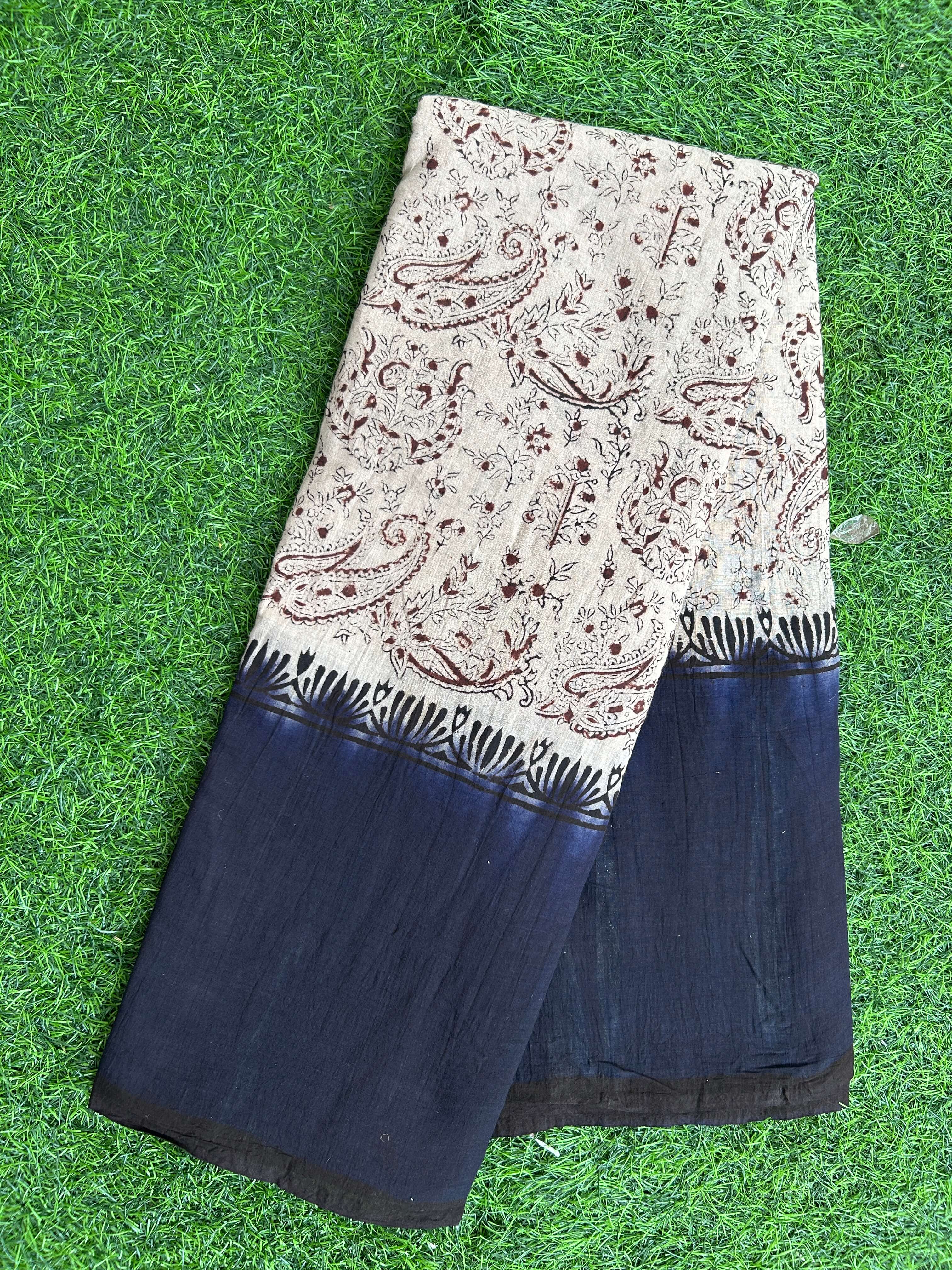 Kalamkari Cotton Hand Printed Gap Border Saree-KCS-HPGB-M034