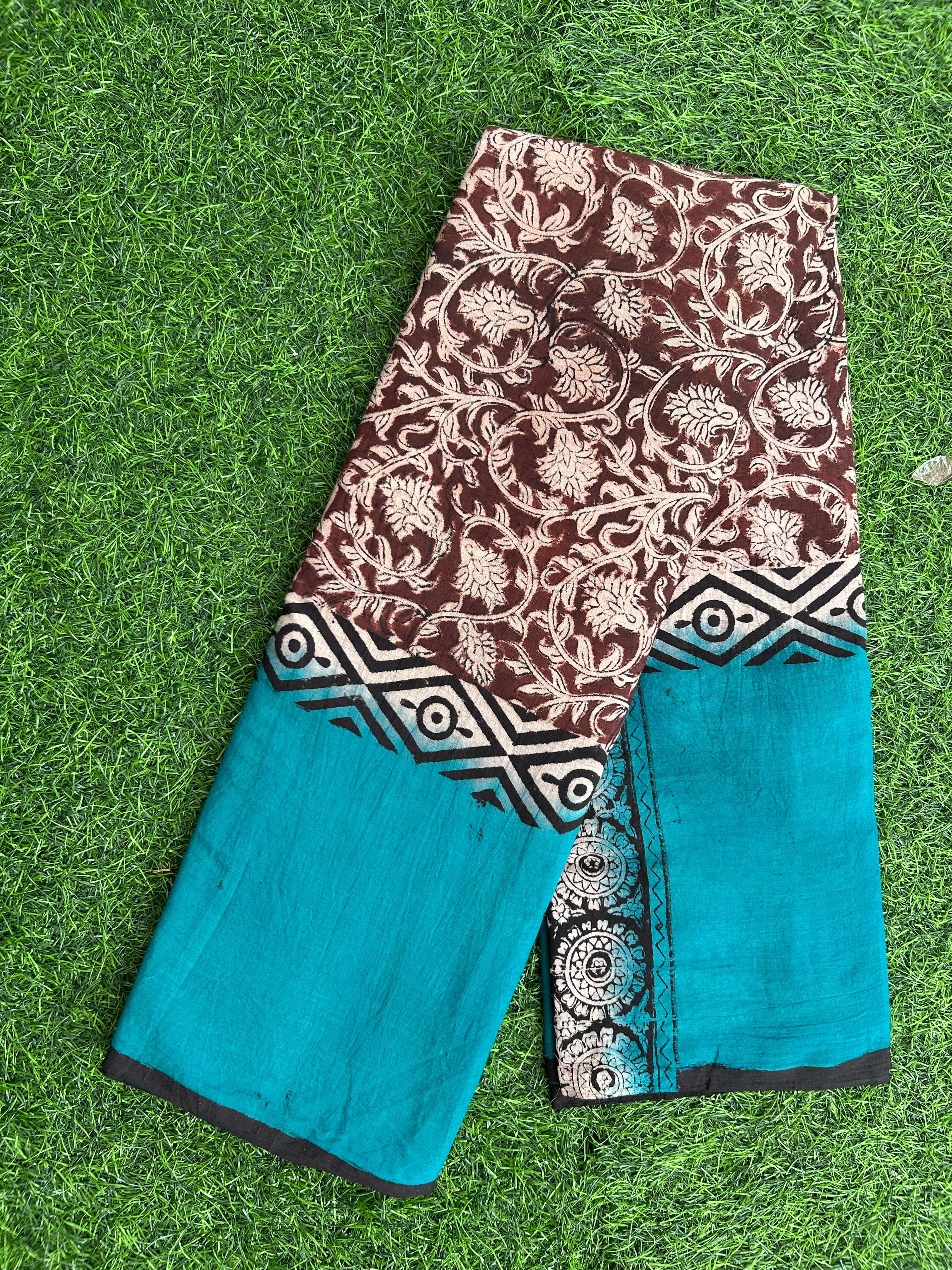 Kalamkari Cotton Hand Printed Gap Border Saree-KCS-HPGB-M031