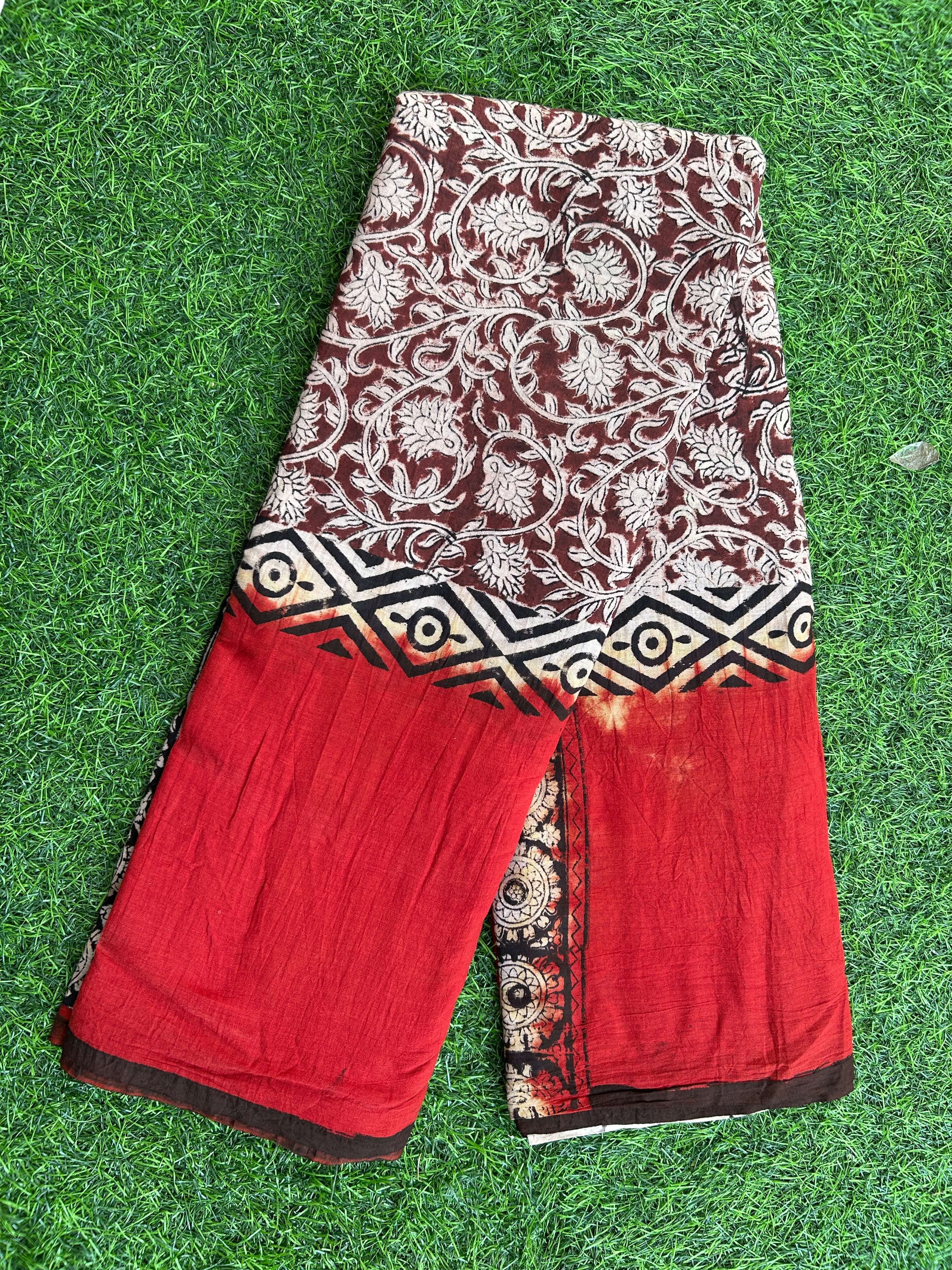 Kalamkari Cotton Hand Printed Gap Border Saree-KCS-HPGB-M027