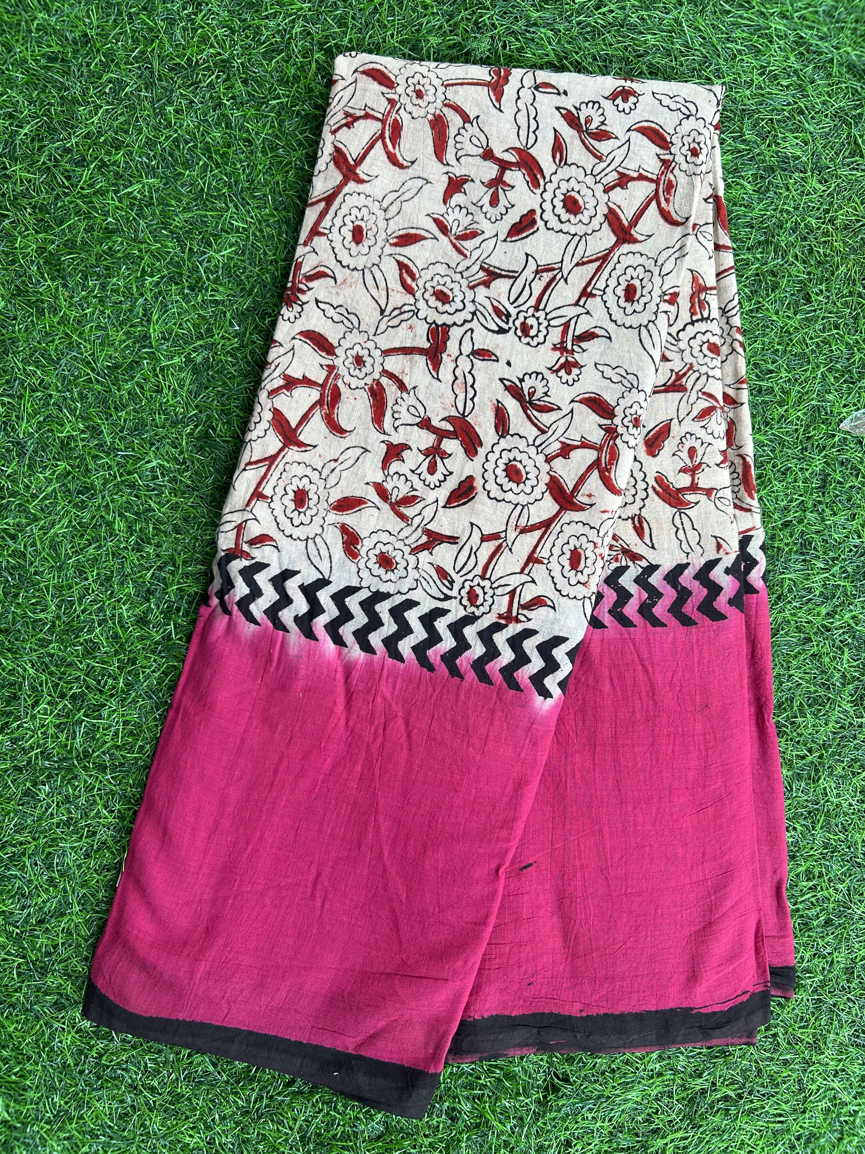 Kalamkari Cotton Hand Printed Gap Border Saree-KCS-HPGB-M028
