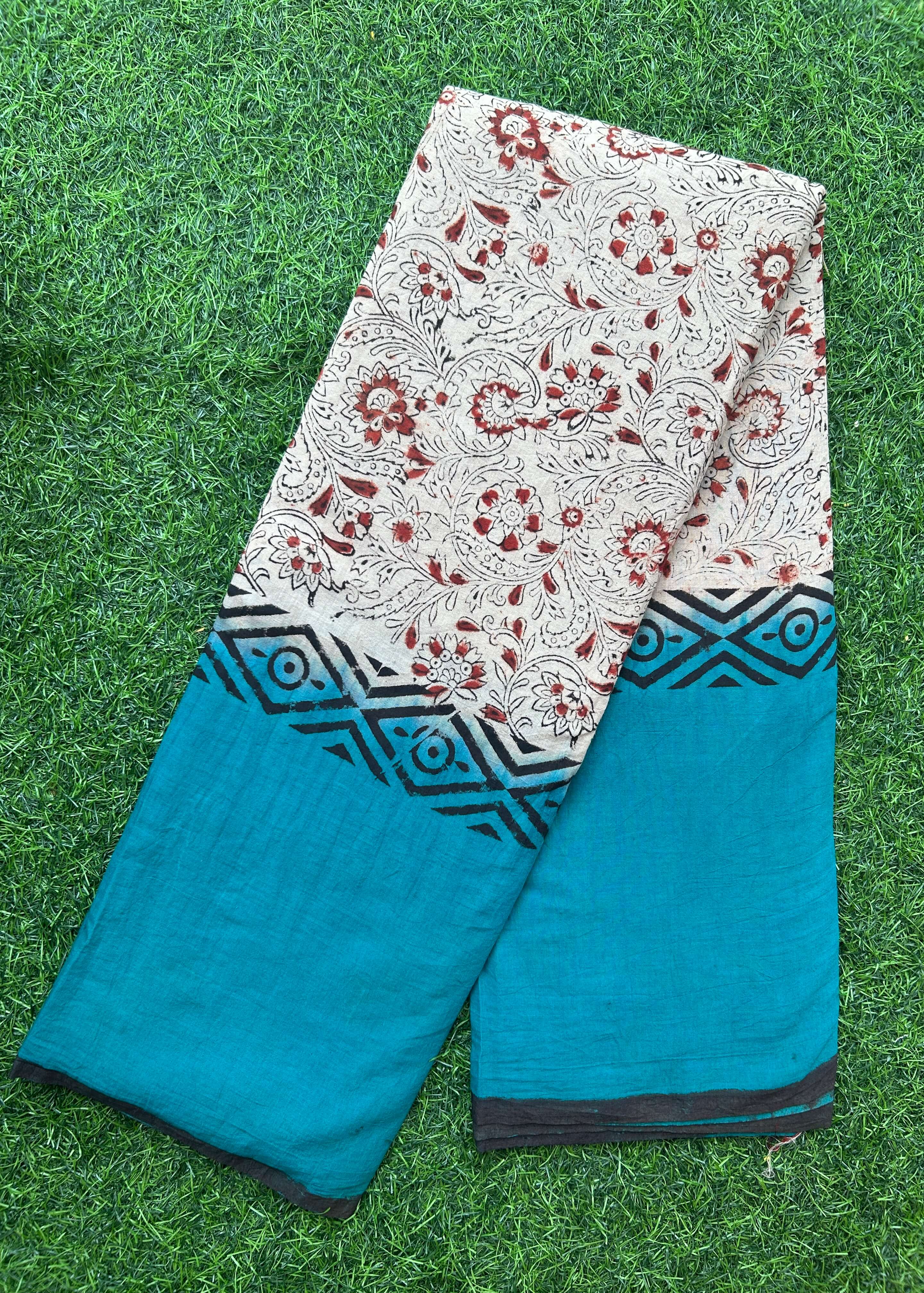 Kalamkari Cotton Hand Printed Gap Border Saree-KCS-HPGB-M057