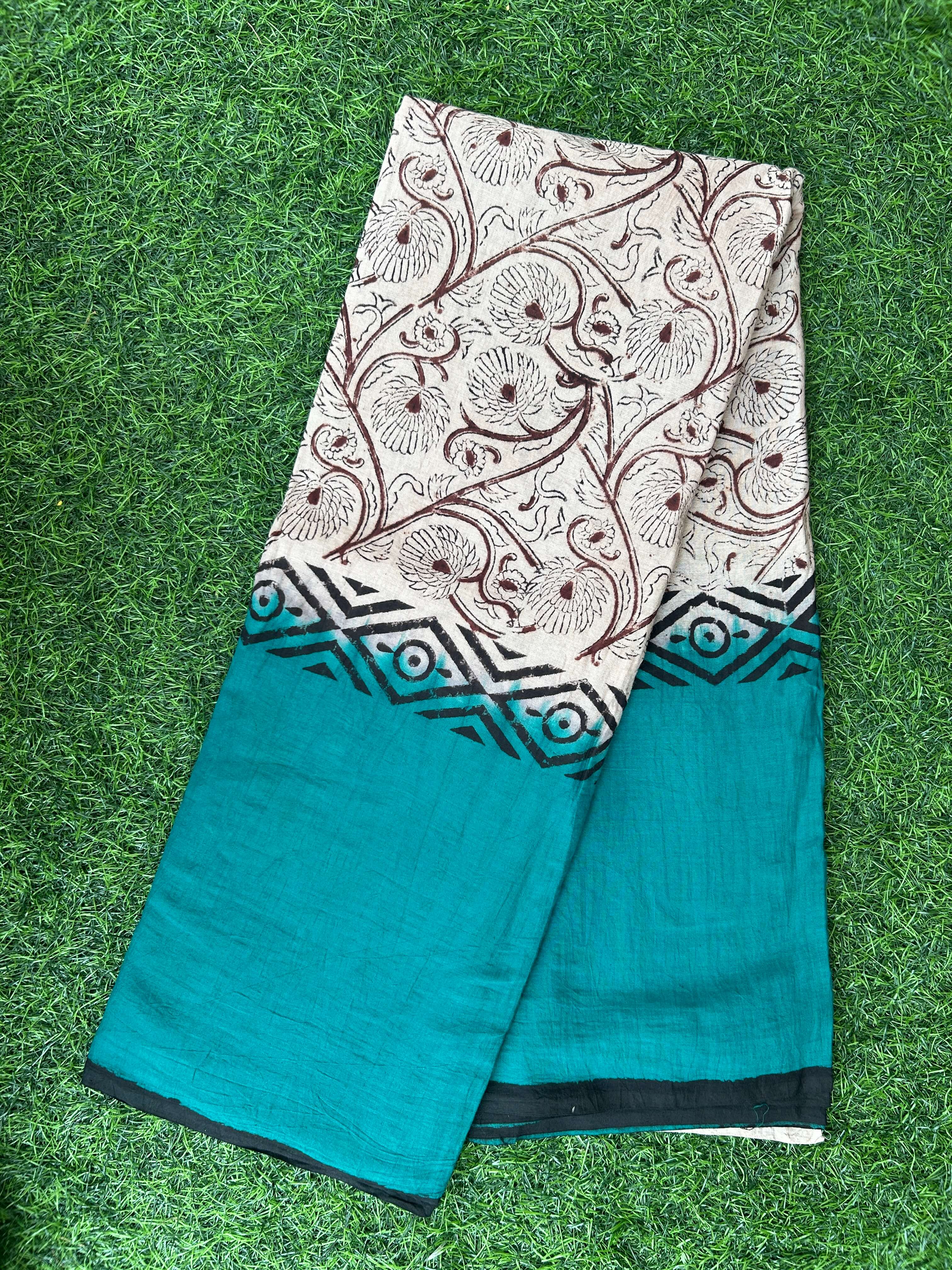 Kalamkari Cotton Hand Printed Gap Border Saree-KCS-HPGB-M056